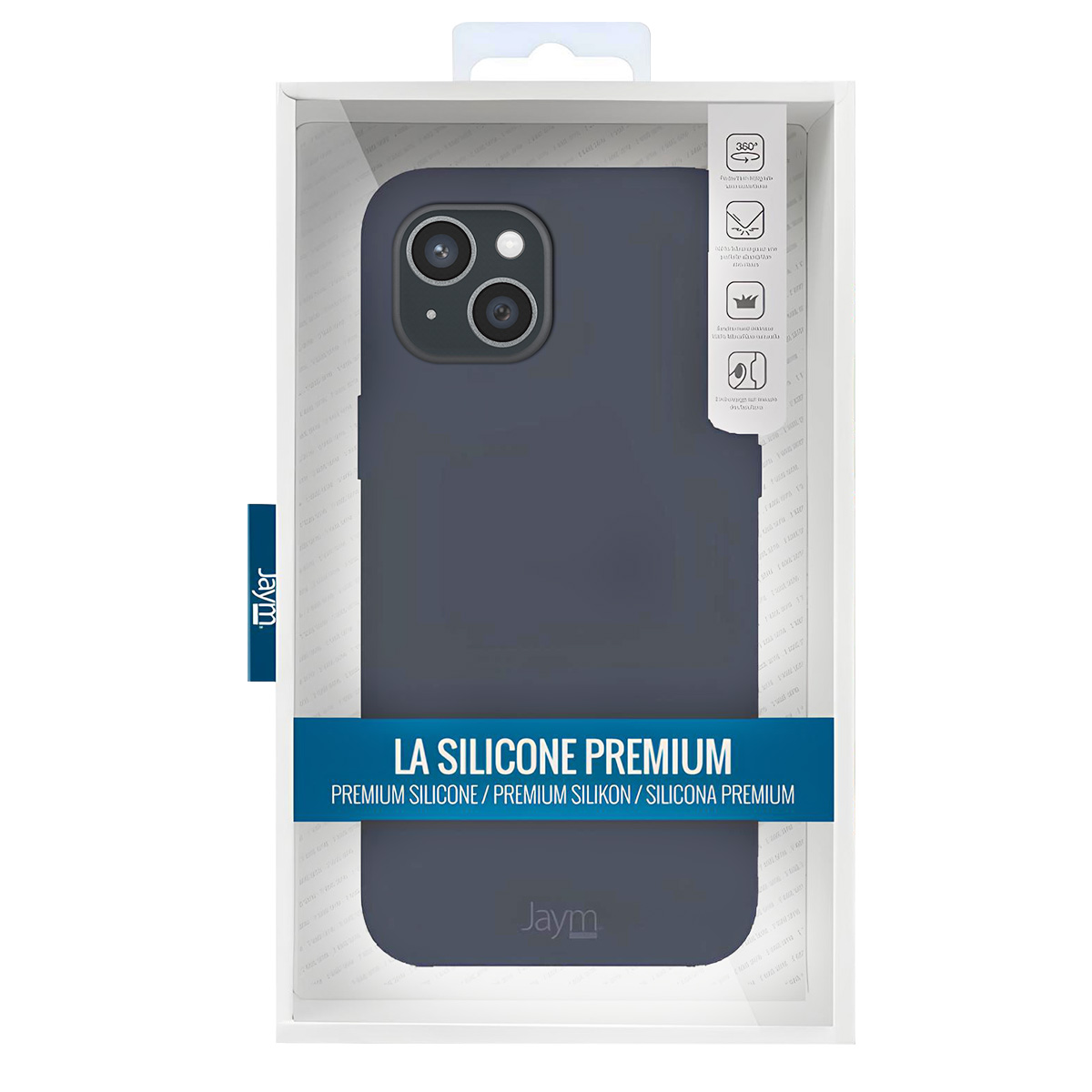 Una custodia per telefono blu scuro in una scatola trasparente. Testo: 'LA SILICONE PREMIUM' e 'Jaym'. La custodia ha ritagli per la fotocamera.