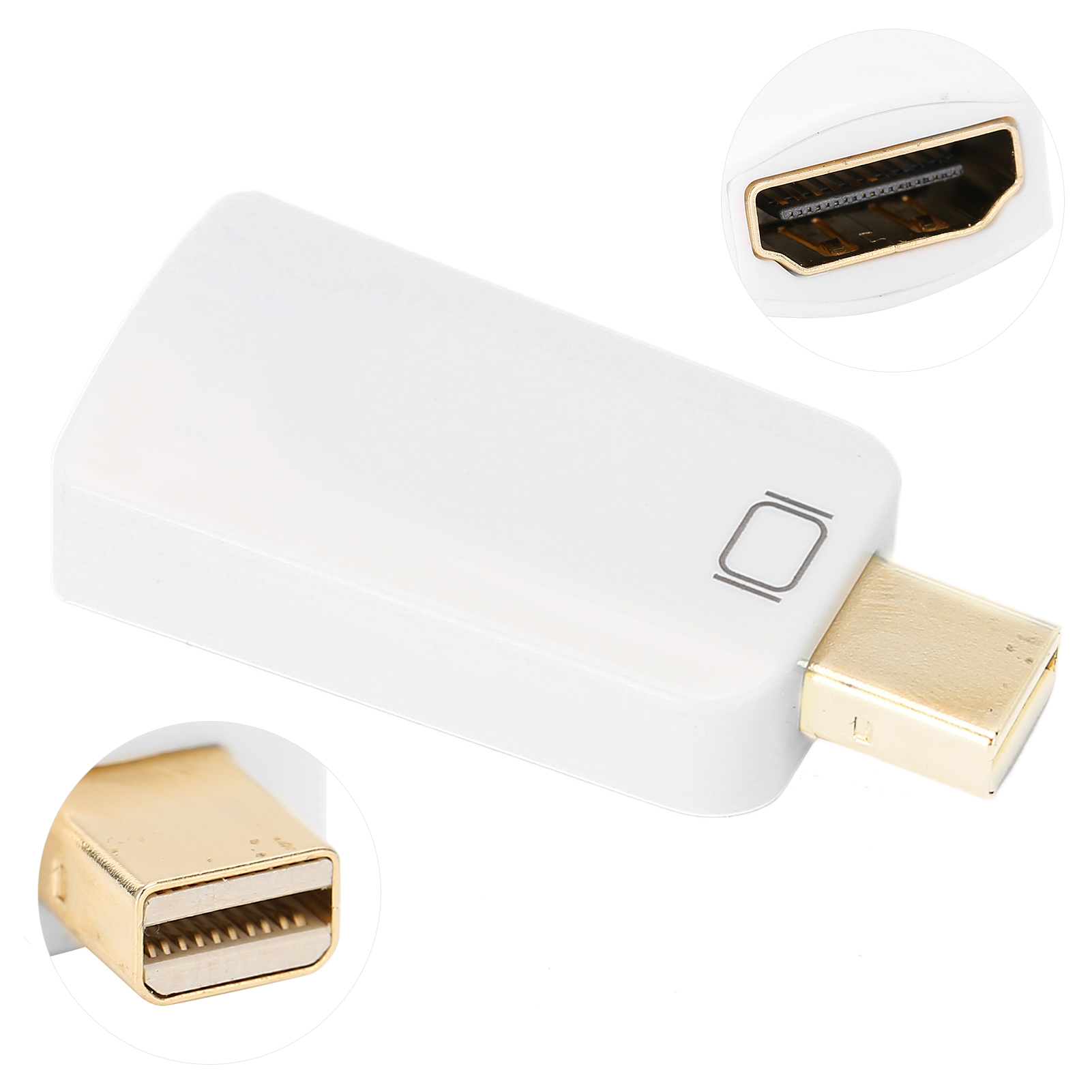 Weißer Adapter mit goldfarbenem Stecker und Display-Port. Zusätzliche Nahaufnahmen sind vorhanden.