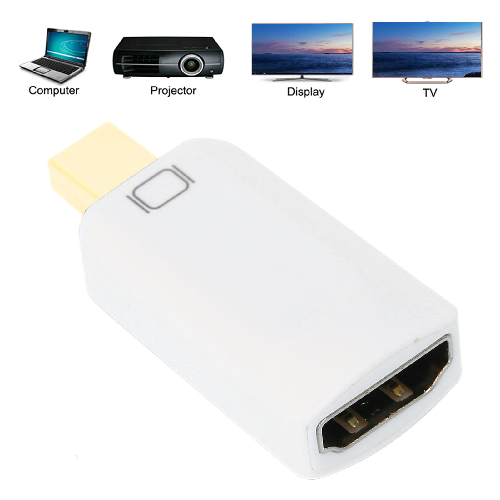 Ein weißer HDMI-Adapter mit goldenem Stecker. Oben befindet sich ein kleines Design. Im Hintergrund sind vier beschriftete Bilder von technischen Geräten.