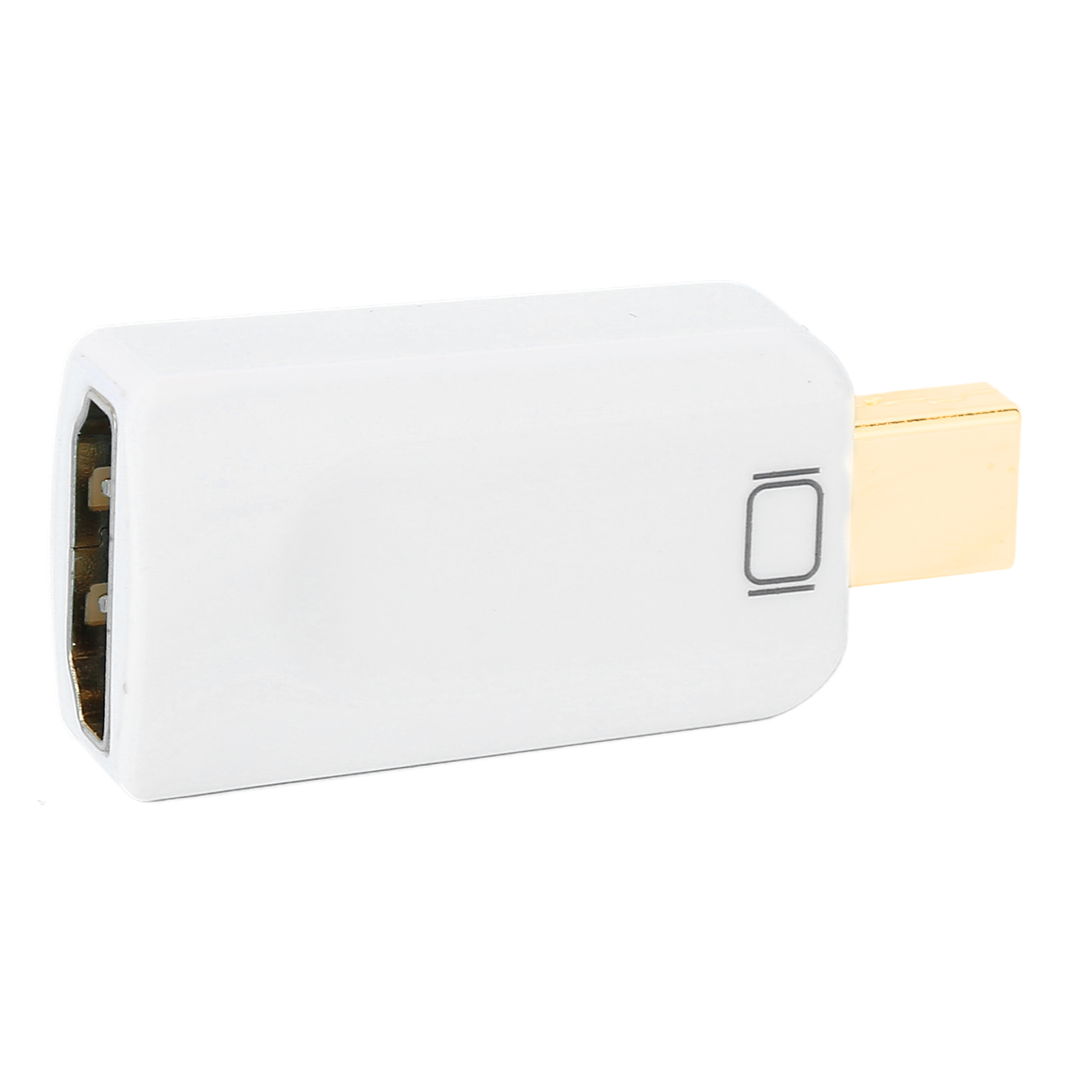 Ein weißer Adapter mit einem goldfarbenen Stecker. Er hat ein kleines, quadratisches Symbol an der Seite.