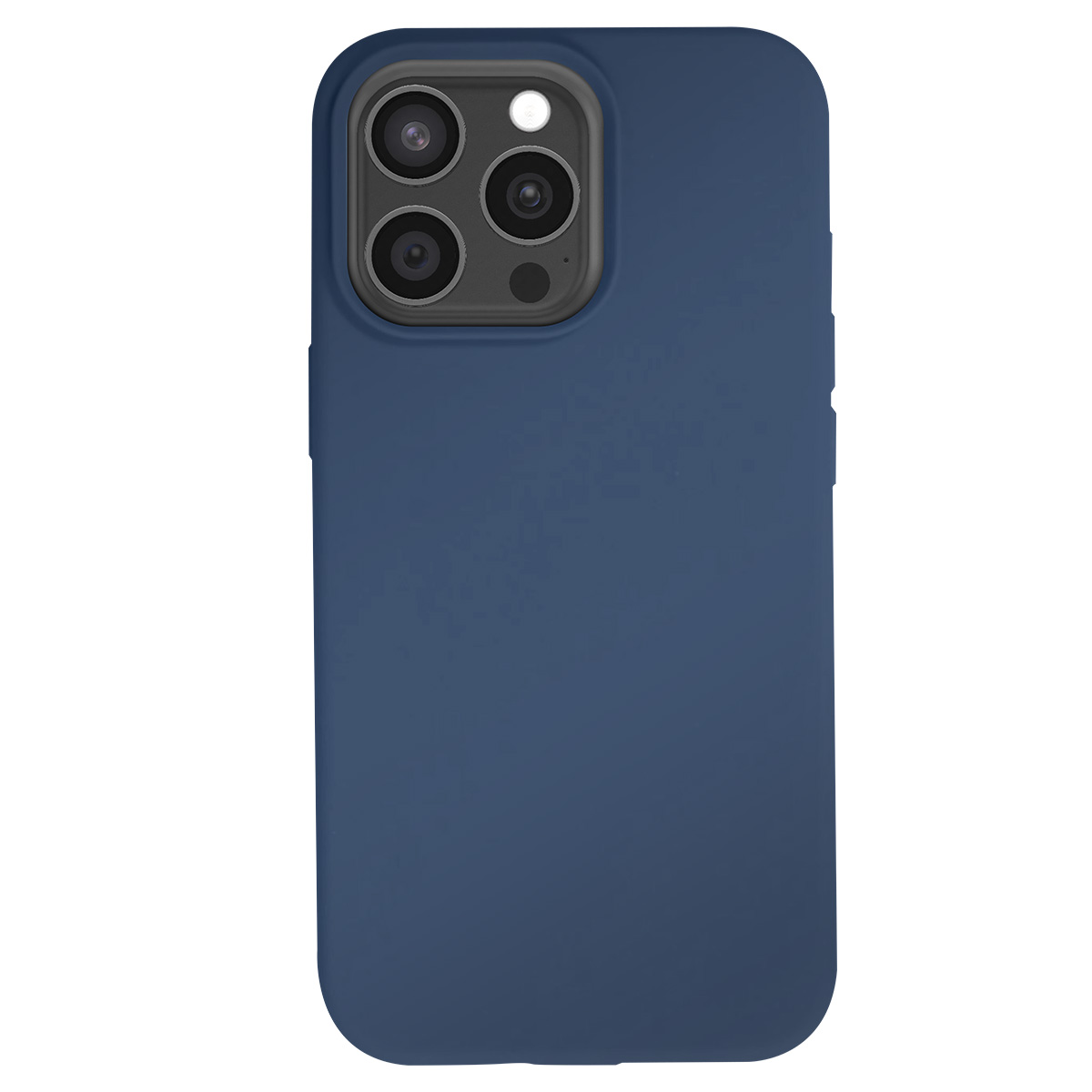 Una custodia per telefono blu scuro con una sezione fotocamera. La custodia ha una finitura opaca. Tre obiettivi e un flash sono visibili.