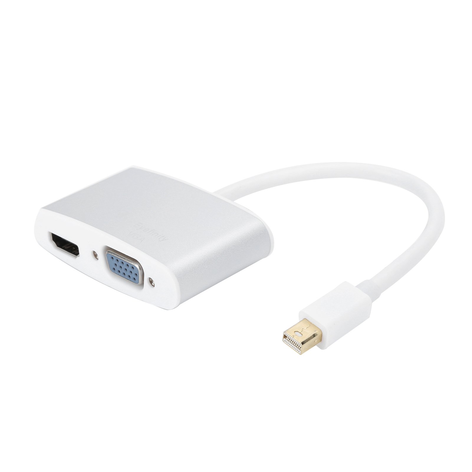 Ein silberner Adapter mit HDMI-, VGA-Anschlüssen und einem weißen Kabel, das in einem Mini-DisplayPort-Stecker endet.