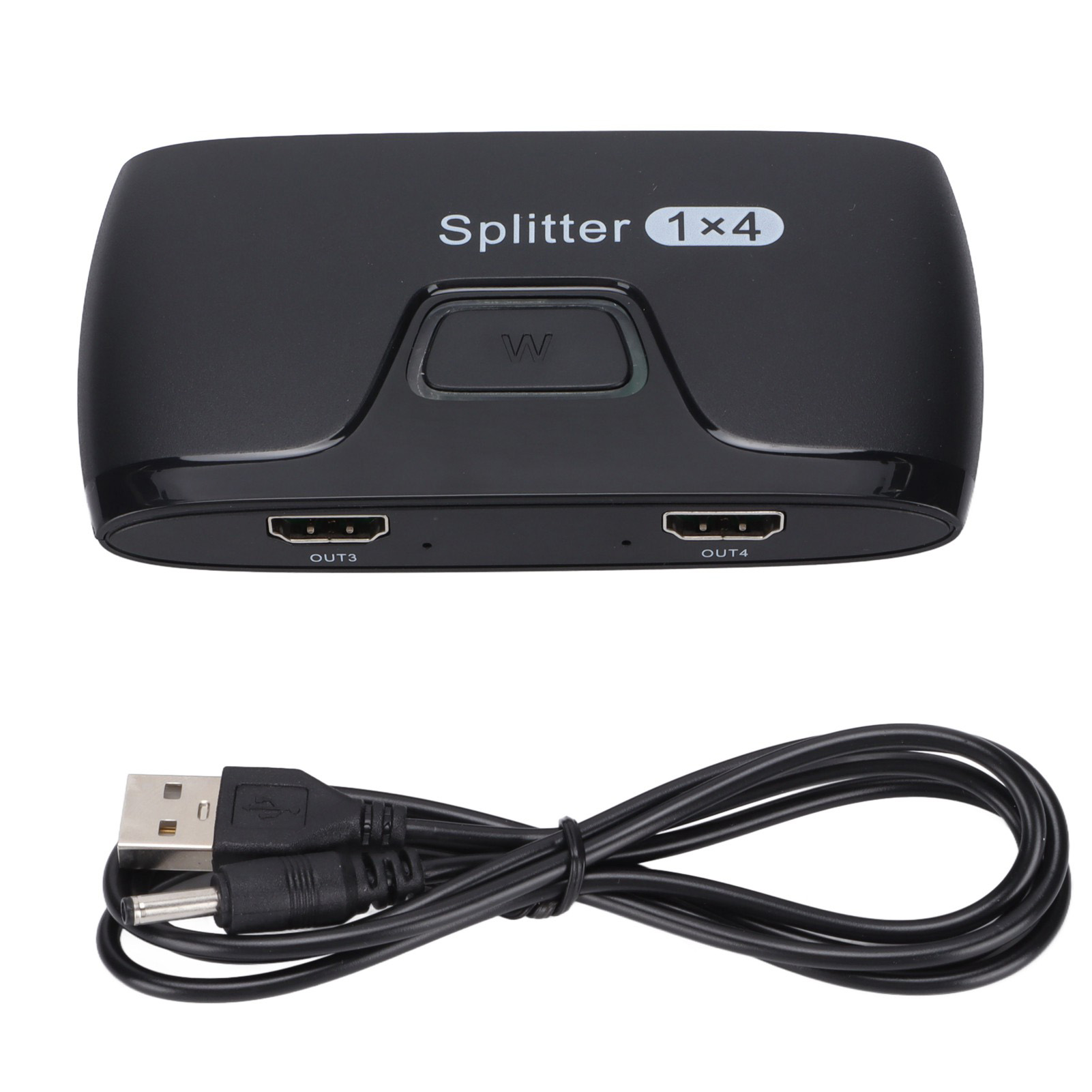 Schwarzer Splitter mit HDMI-Anschlüssen und einem USB-Kabel. Der Splitter hat den Text "Splitter 1x4". Das USB-Kabel ist schwarz.