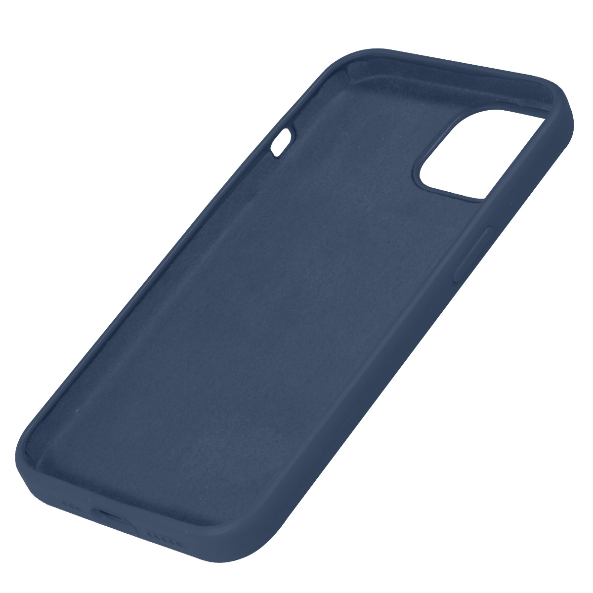 Una custodia per telefono blu navy, angolata. Ha aperture per la fotocamera e i pulsanti. La custodia è realizzata in un materiale morbido e opaco.