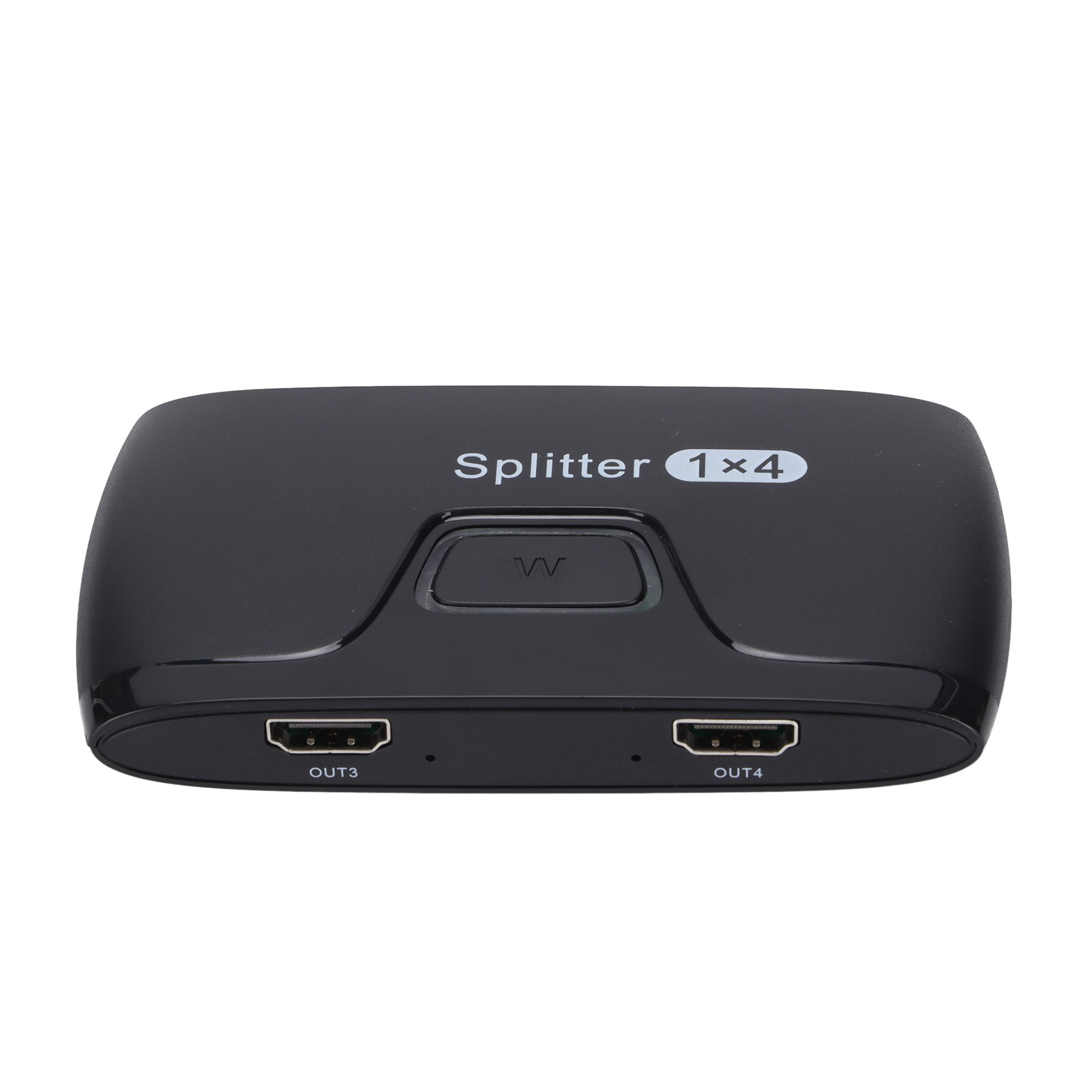 Schwarzer HDMI-Splitter mit der Aufschrift 'Splitter 1x4'. Zwei HDMI-Anschlüsse sind sichtbar, beschriftet mit 'OUT3' und 'OUT4'.