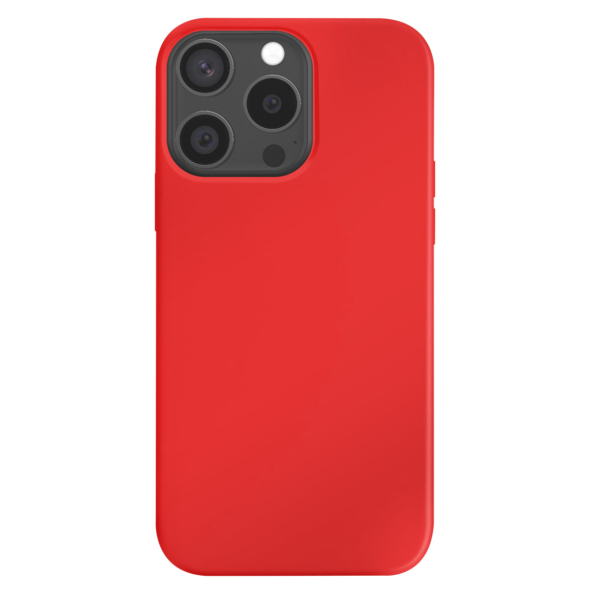 Custodia rossa per iPhone con modulo fotocamera nero. La custodia è rettangolare con angoli arrotondati. Sono visibili tre obiettivi e un flash.