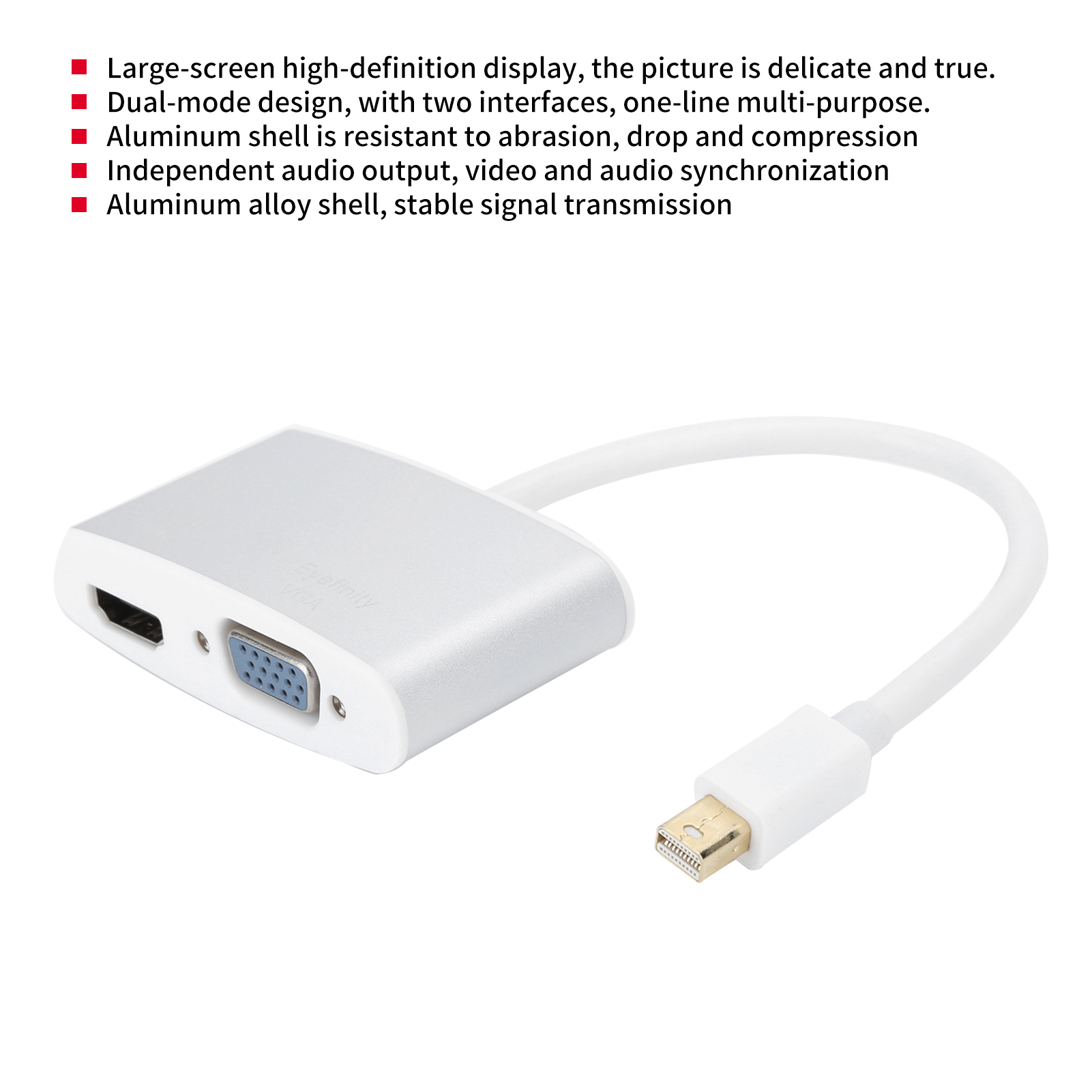 Ein silberner Adapter mit HDMI-, VGA- und Mini-DisplayPort-Anschlüssen. Ein weißes Kabel verbindet den Adapter mit einem Mini-DisplayPort.