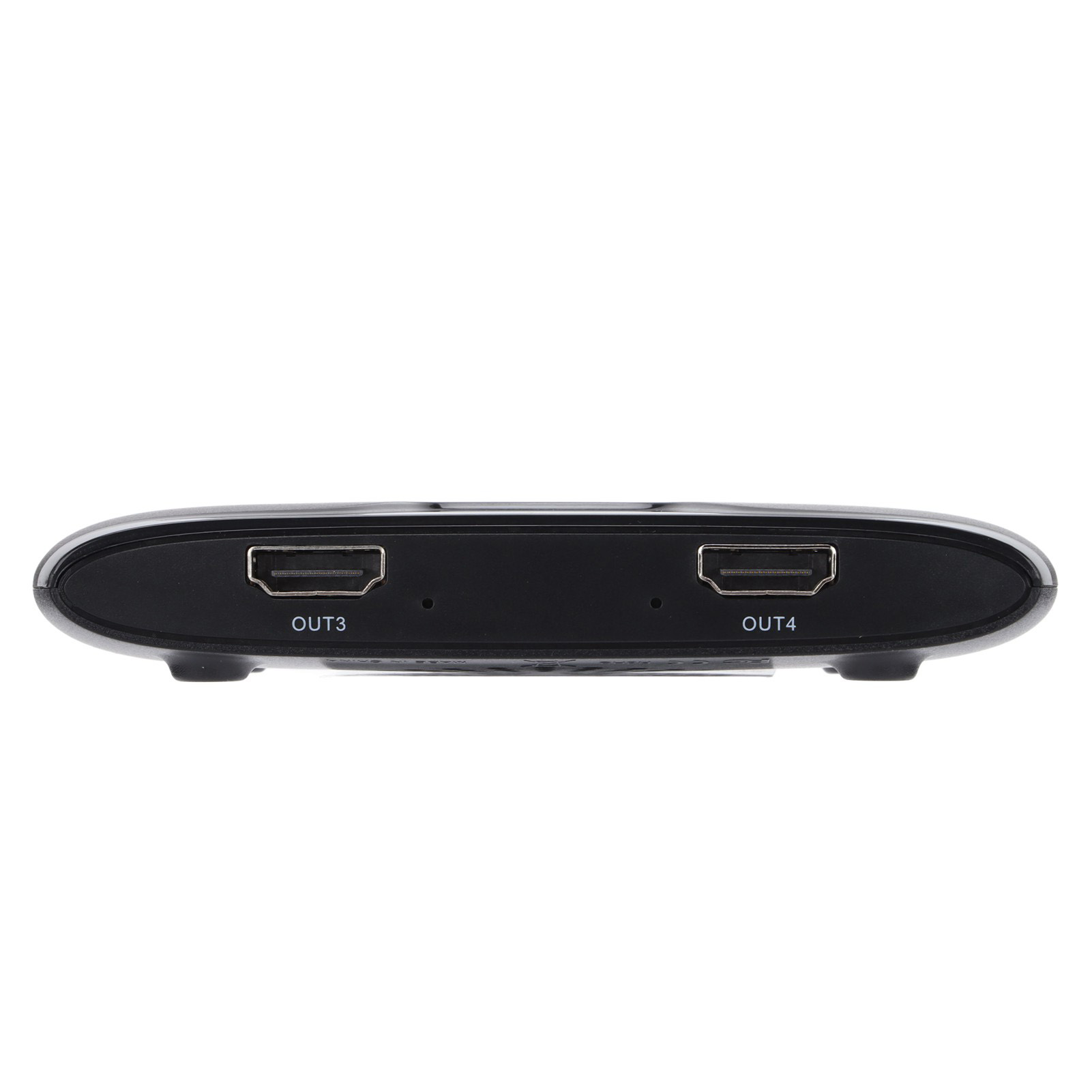 Ein schwarzes elektronisches Gerät mit zwei HDMI-Anschlüssen mit der Bezeichnung OUT3 und OUT4. Das Gerät befindet sich auf weißem Hintergrund.