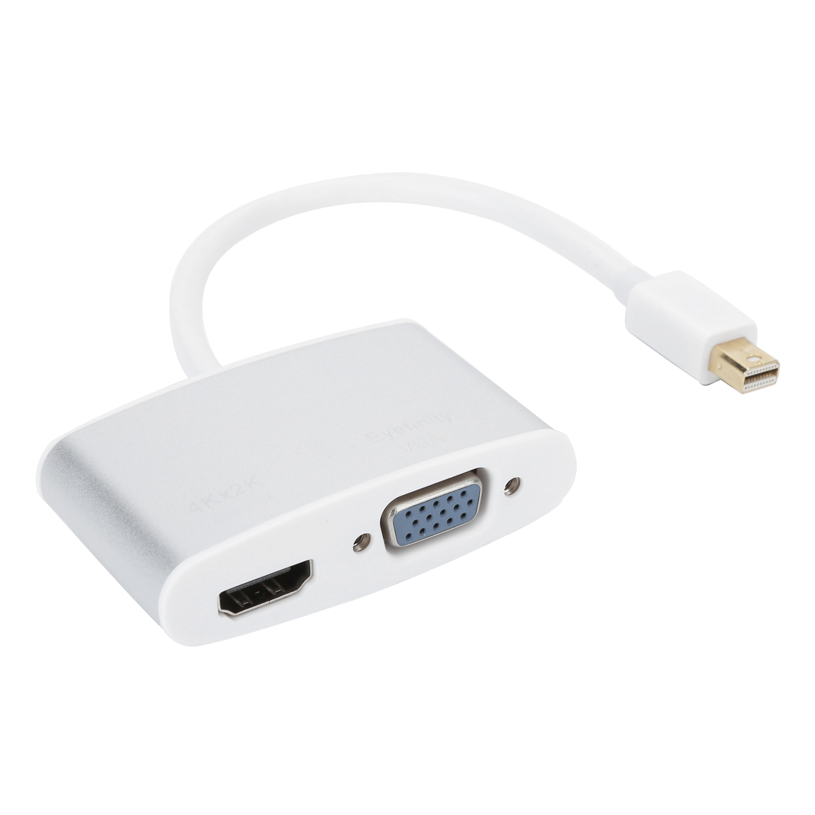 Ein silberner und weißer Adapter mit HDMI-, VGA- und Mini-DisplayPort-Anschlüssen. Weißes Kabel verbindet das DisplayPort-Ende.