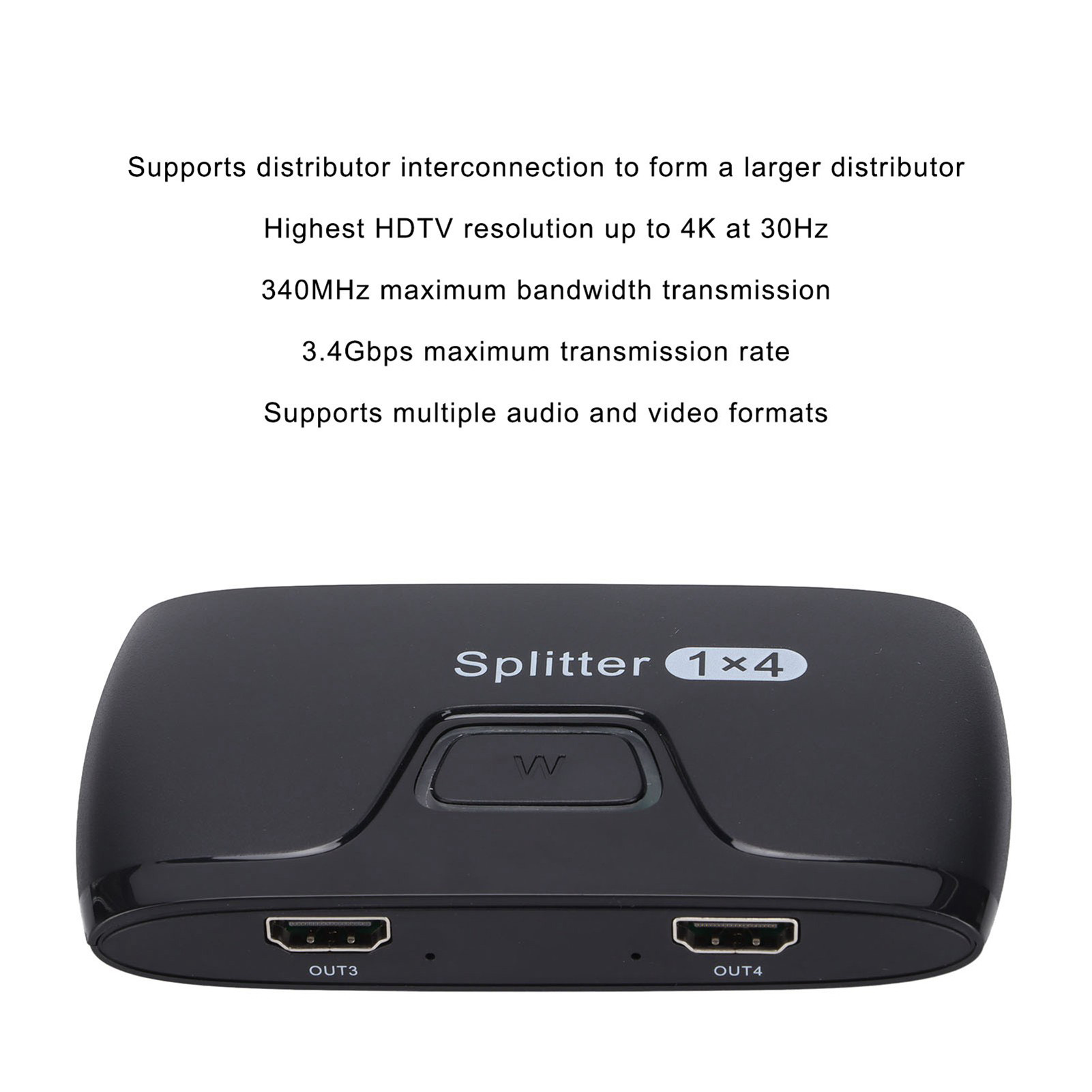 Schwarzer HDMI-Splitter mit Text: Splitter 1x4. Text: Unterstützt bis zu 4K. Zwei HDMI-Anschlüsse mit OUT3 und OUT4.
