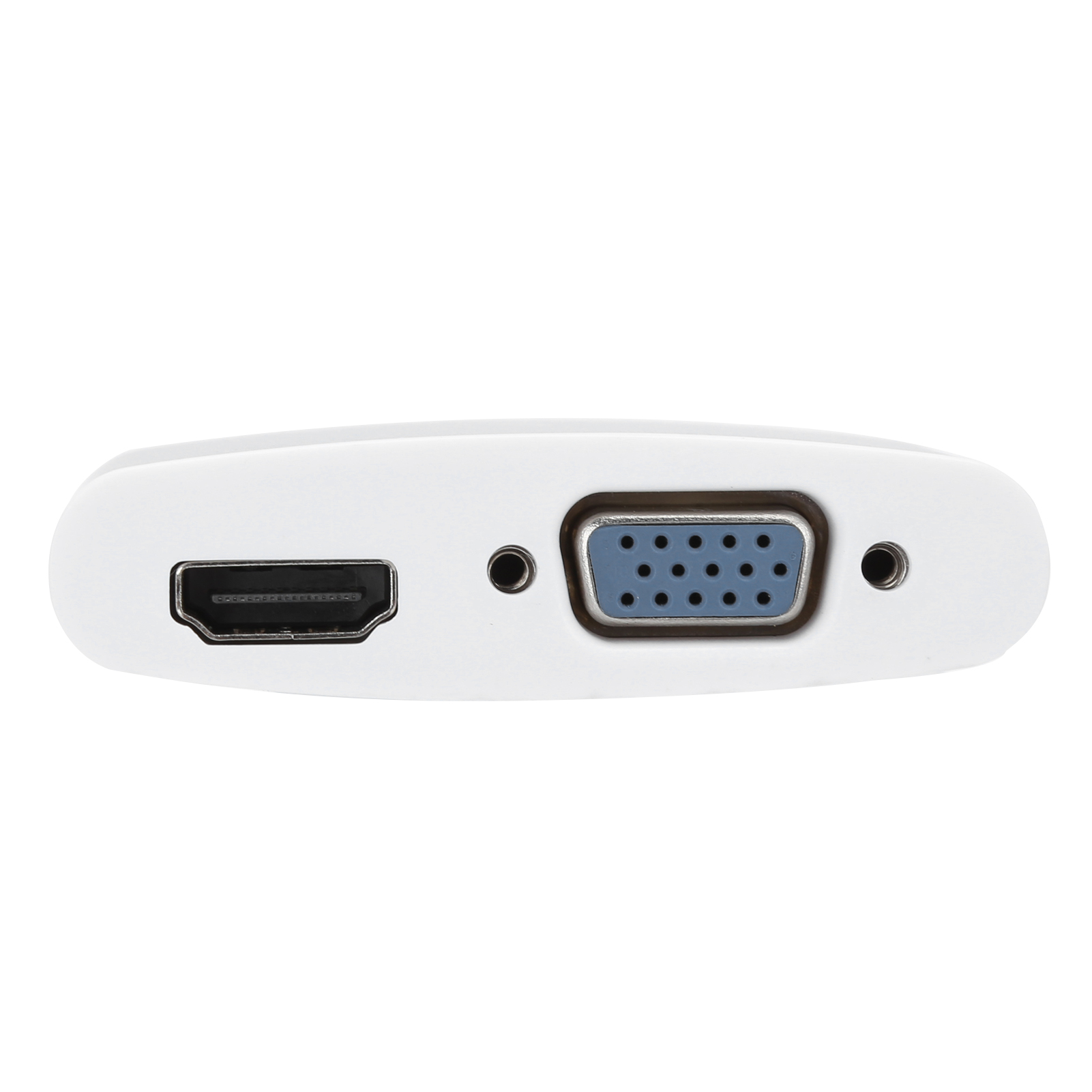 Ein weißes Gerät mit HDMI- und VGA-Anschlüssen. Der Hintergrund ist weiß. Das Gerät hat zwei kleine Löcher.