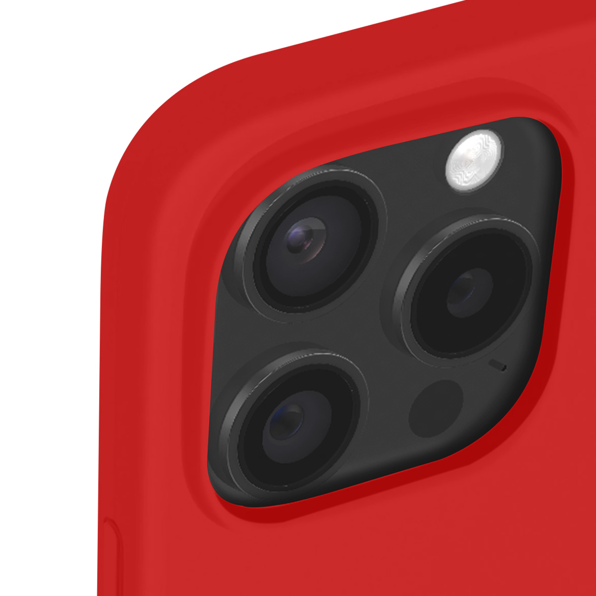 Primo piano di una custodia rossa con tre obiettivi neri e un flash. Lo sfondo è bianco.