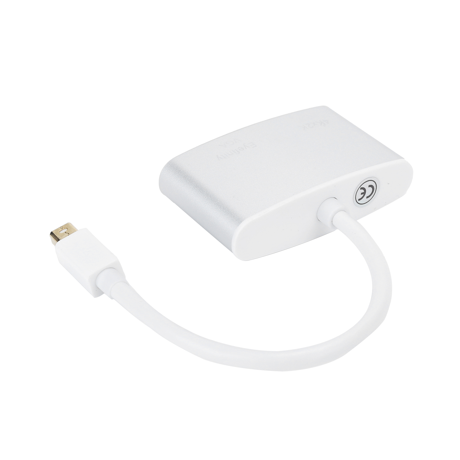 Ein weißer Videoadapter mit Kabel auf weißem Hintergrund. Der Adapter hat einen Stecker und ein weißes Kabel.