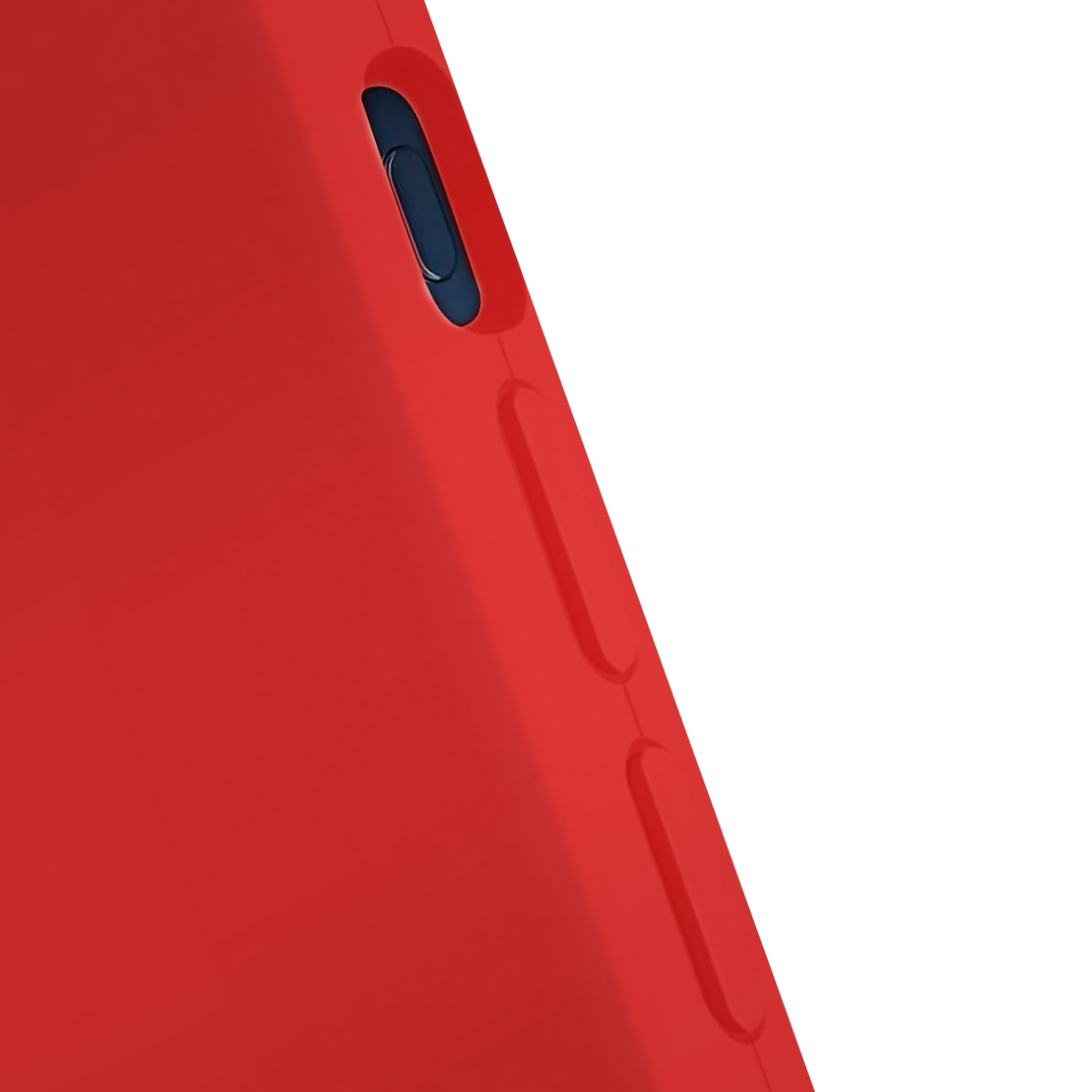 Primo piano di una custodia rossa per telefono con un pulsante blu e due sporgenze allungate sul lato. Sfondo bianco a destra.