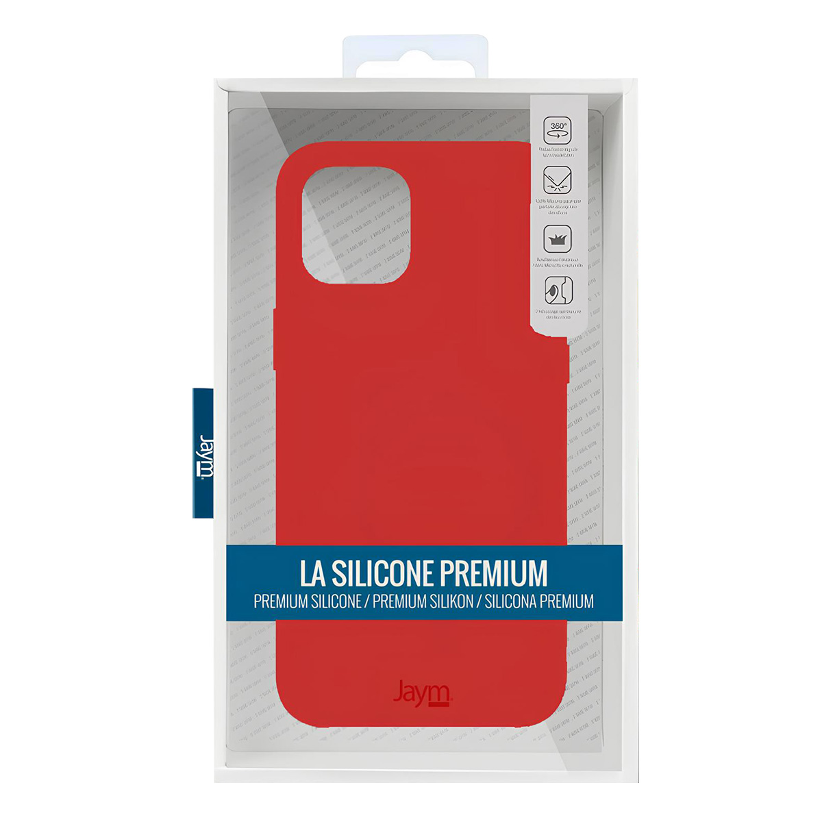 Una custodia rossa per telefono in una scatola di plastica trasparente. Il testo dice 'LA SILICONE PREMIUM' e 'Jaym'. Sono visibili anche icone aggiuntive.