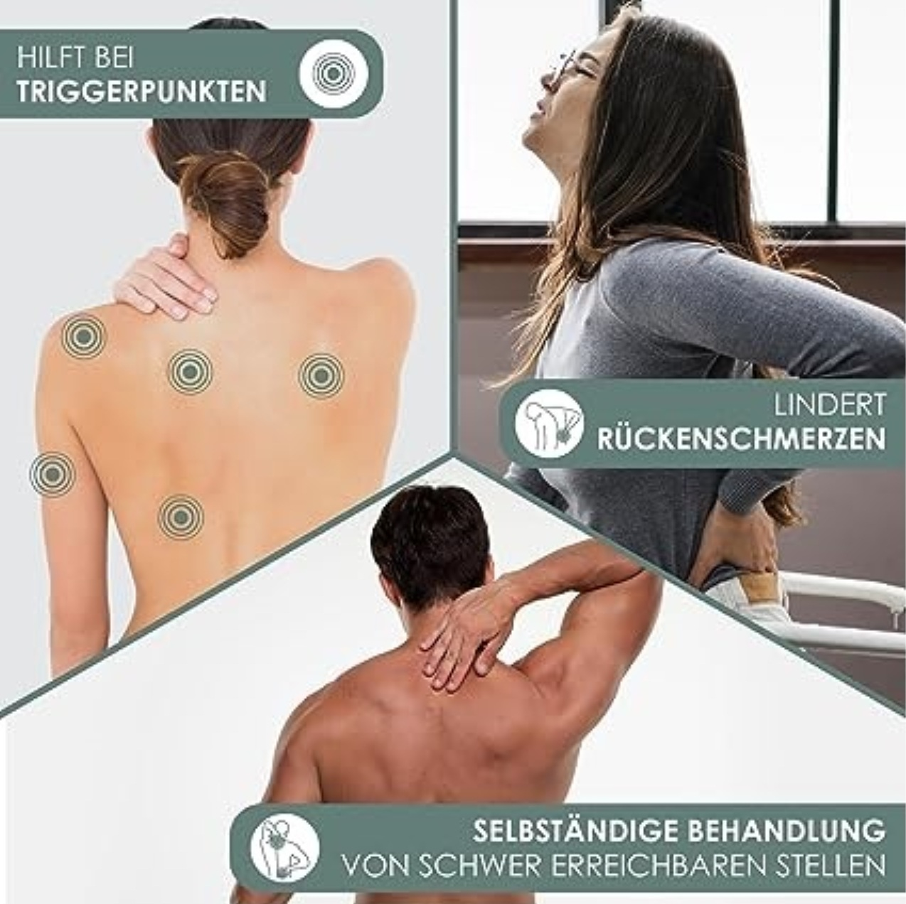 Das Bild zeigt drei Personen, die Schmerzen haben. Eine berührt den Nacken, eine den Rücken und die dritte den unteren Rücken. Text: Schmerzlinderung.