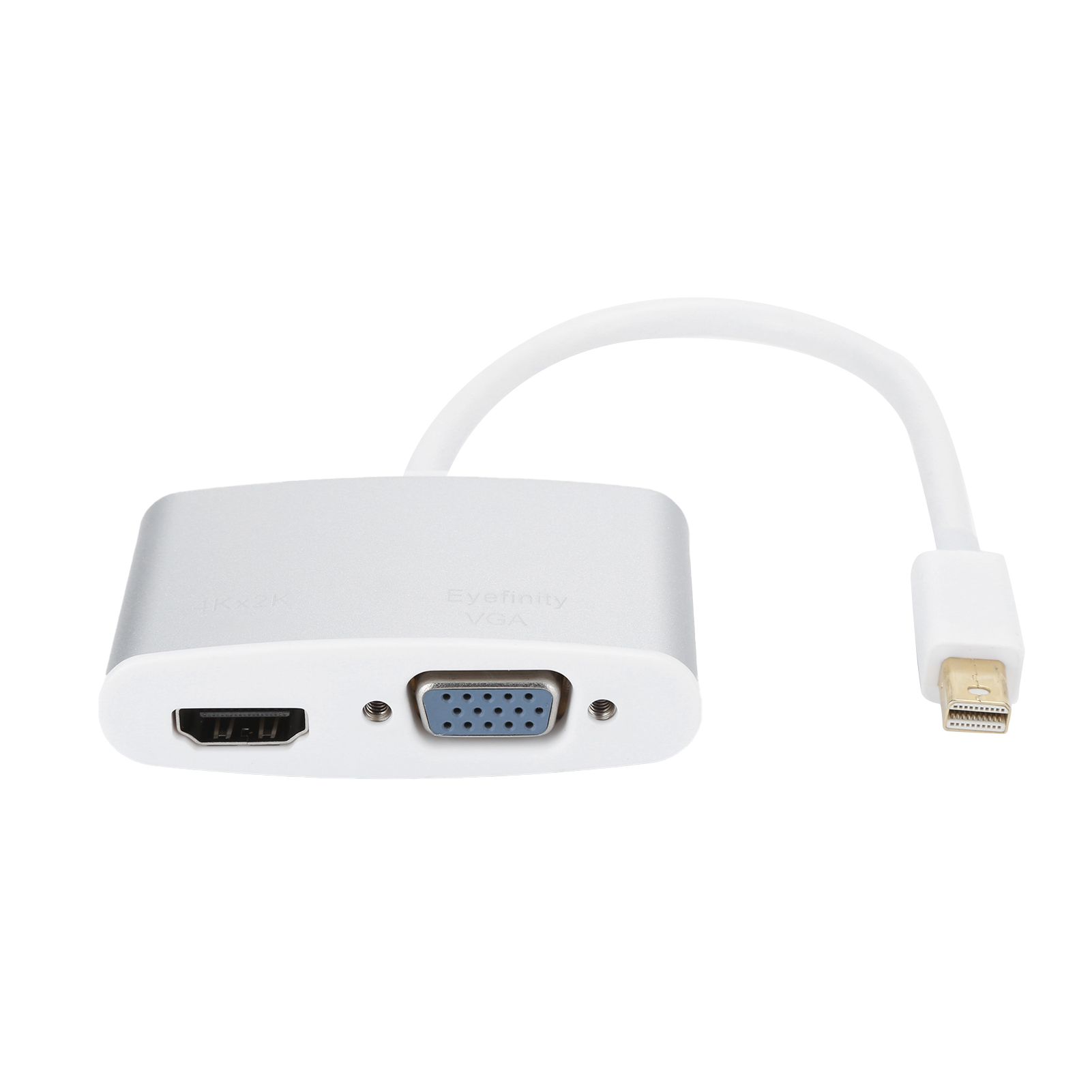 Ein silberner Adapter mit HDMI-, VGA- und Mini-DisplayPort-Anschlüssen. Er hat ein weißes Kabel.