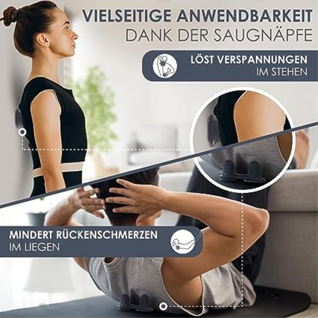 Das Bild zeigt eine stehende Frau und einen liegenden Mann, die beide ein Rückenmassagegerät benutzen. Text hebt Vorteile der Schmerzlinderung hervor.