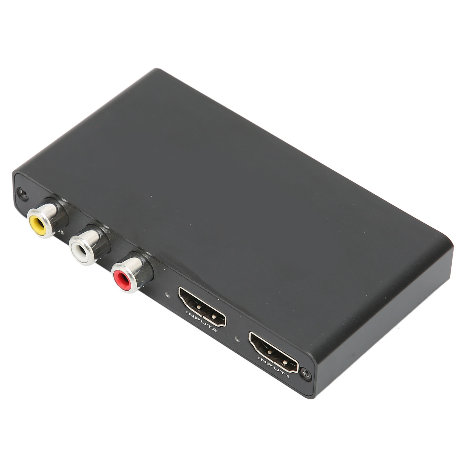 Ein schwarzer AV-Adapter mit Cinch- und HDMI-Eingängen. Er hat gelbe, weiße und rote Anschlüsse. Das Wort "INPUT" ist sichtbar.
