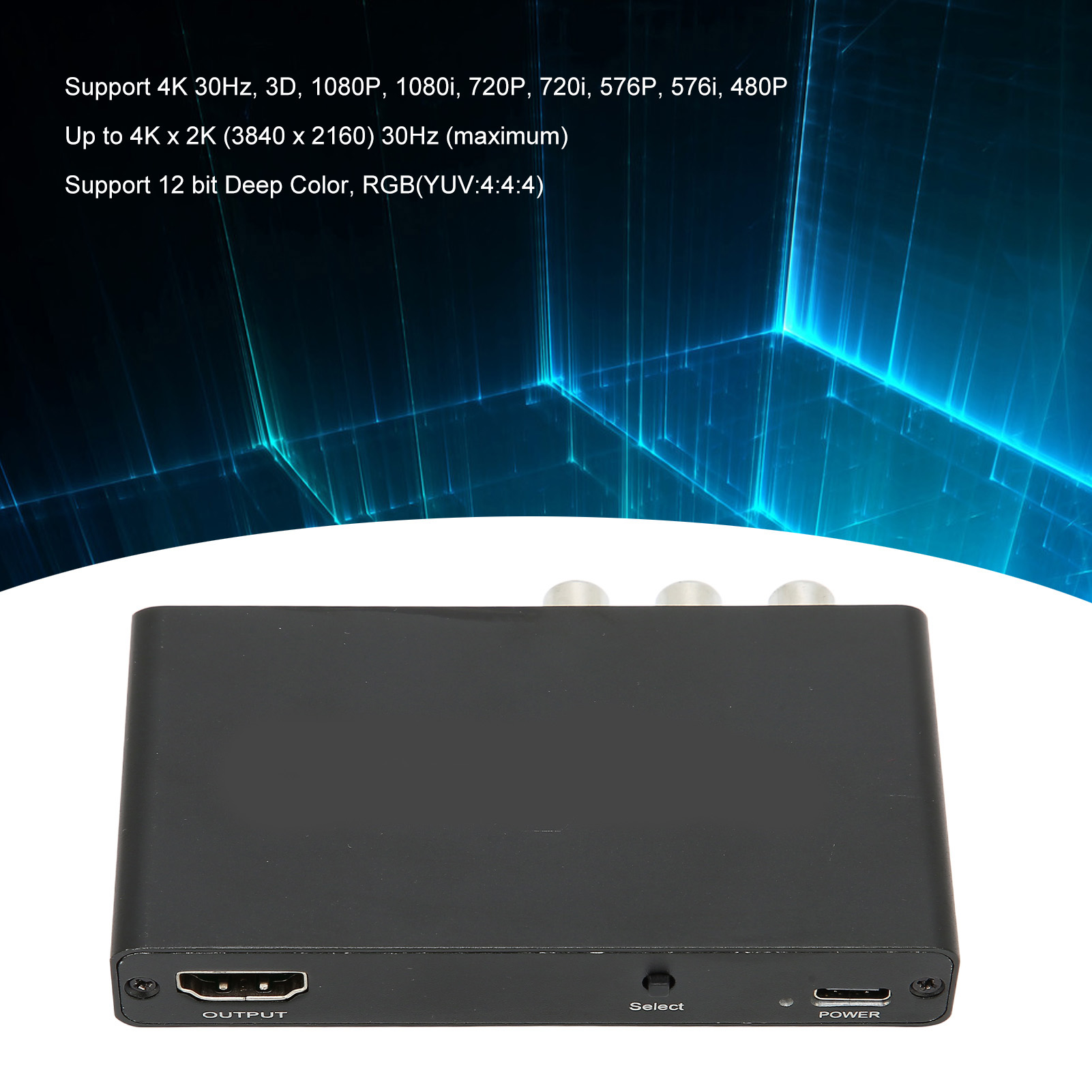 Schwarzes Gerät mit HDMI-Anschluss, silbernen Anschlüssen und Stromeingang. Text oben zeigt unterstützte Videoauflösungen.