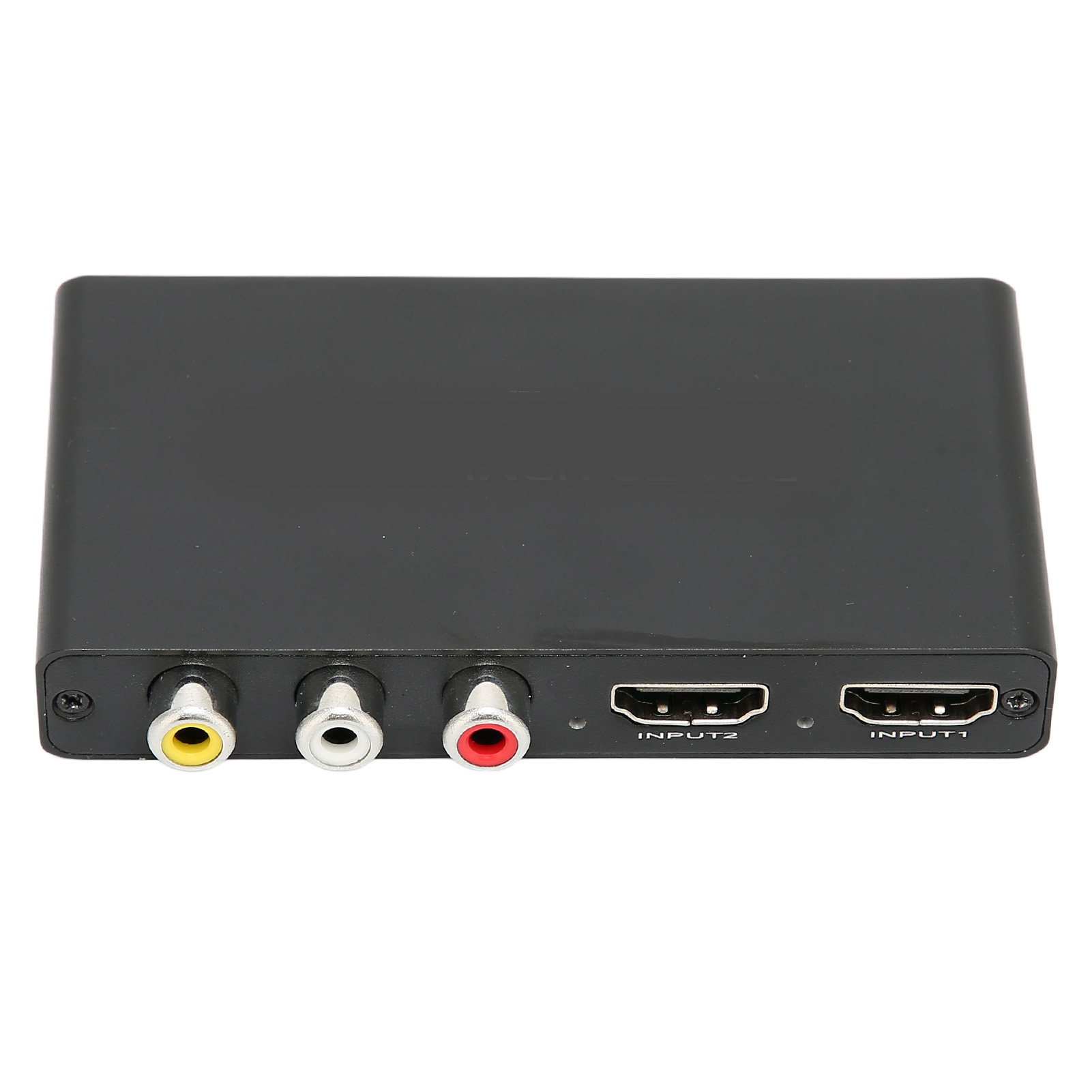 Schwarzer Videokonverter mit gelben, weißen und roten Eingangsanschlüssen. HDMI- und Cinch-Anschlüsse sind sichtbar.
