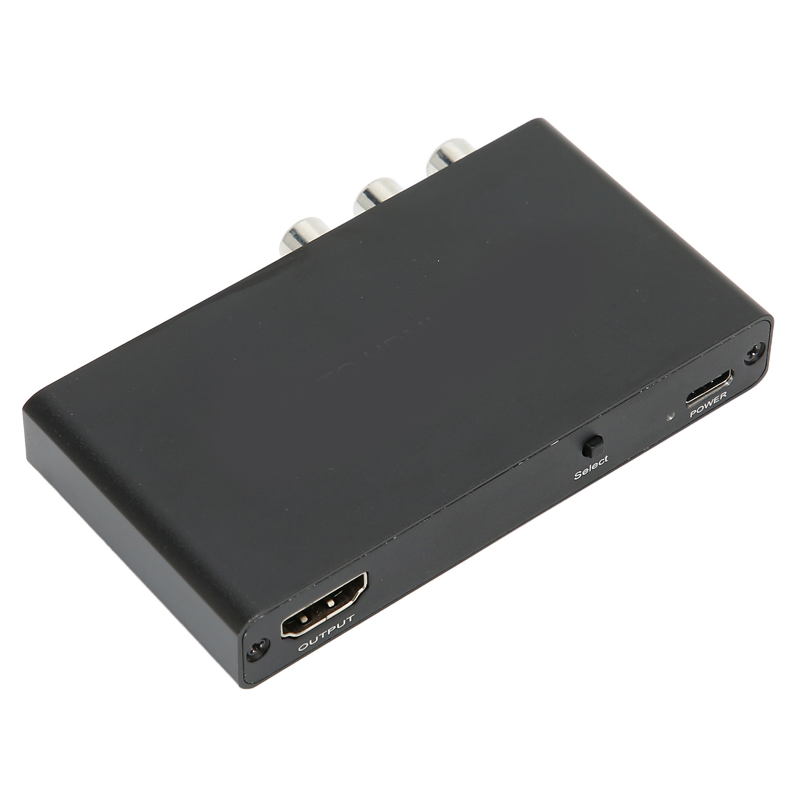 Schwarze HDMI-Konverterbox. Silberne Anschlüsse auf einer Seite, HDMI- und Stromanschlüsse auf anderen. Beschriftet mit 'Output', 'Select' und 'Power'.