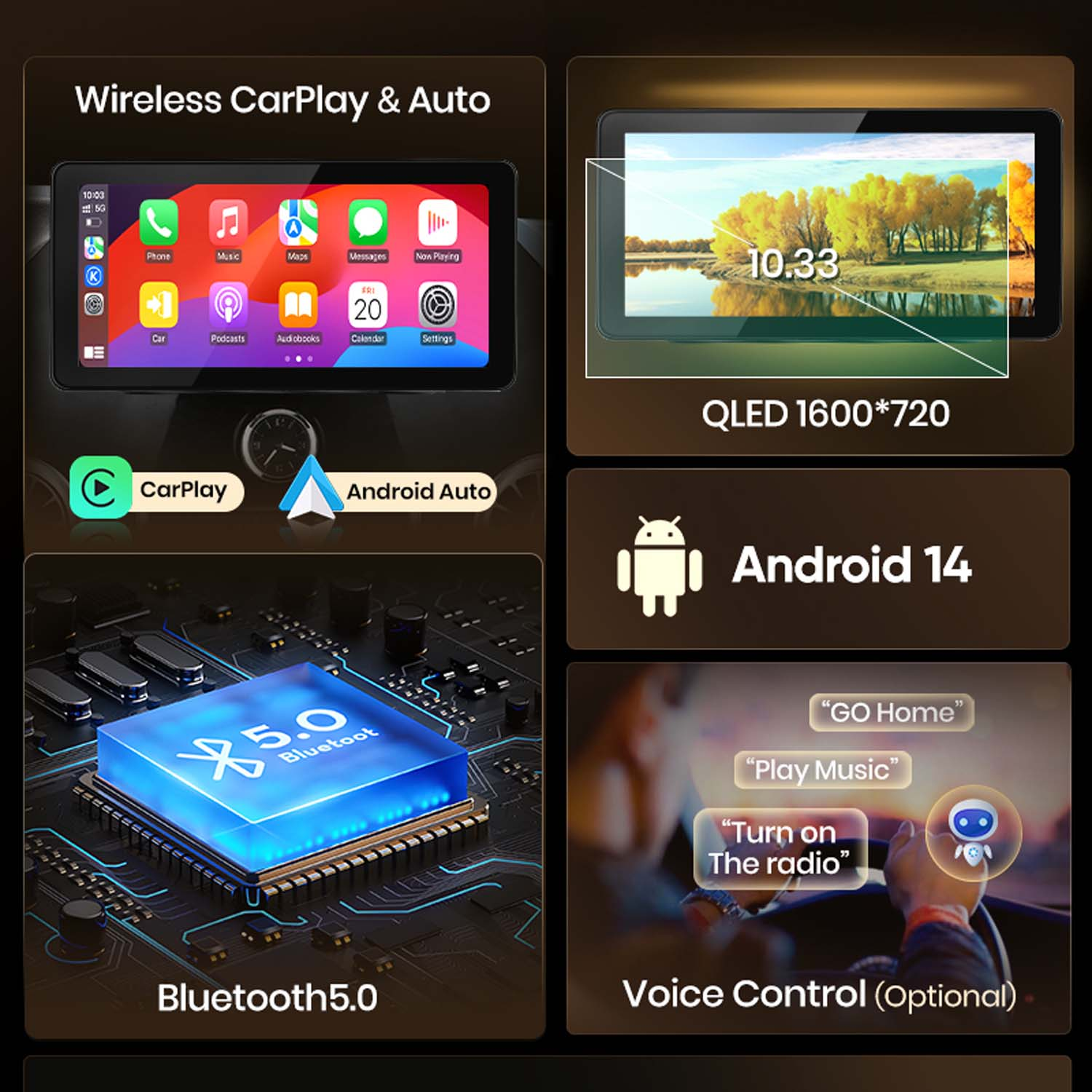 Obraz przedstawia samochodowy system informacyjno-rozrywkowy. Zawiera Wireless CarPlay & Auto, ekran QLED, Android 14, Bluetooth 5.0 i opcjonalną kontrolę głosową.