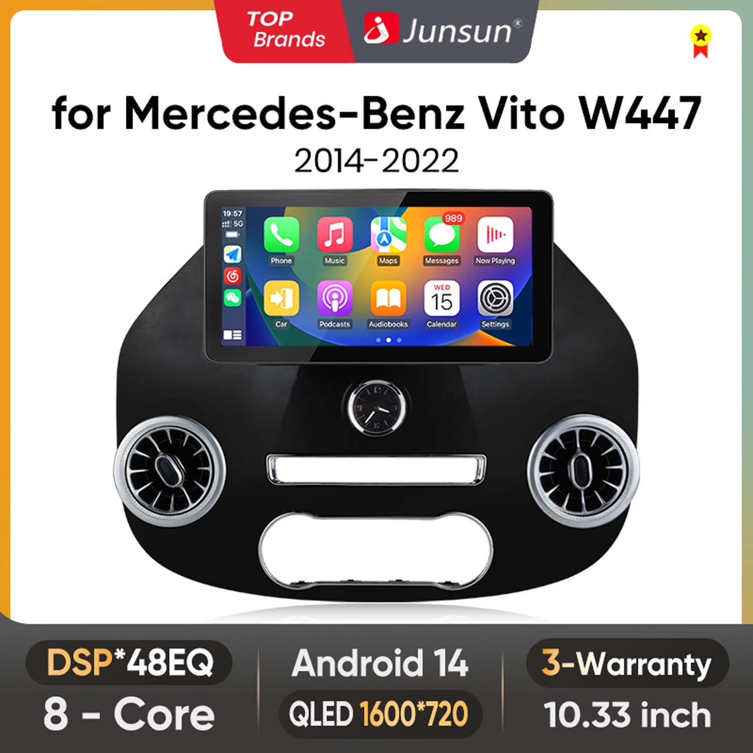 System multimedialny do samochodu z ekranem pokazującym ikony aplikacji. Tekst zawiera 'Mercedes-Benz Vito', 'Android 14' i '3 lata gwarancji'.