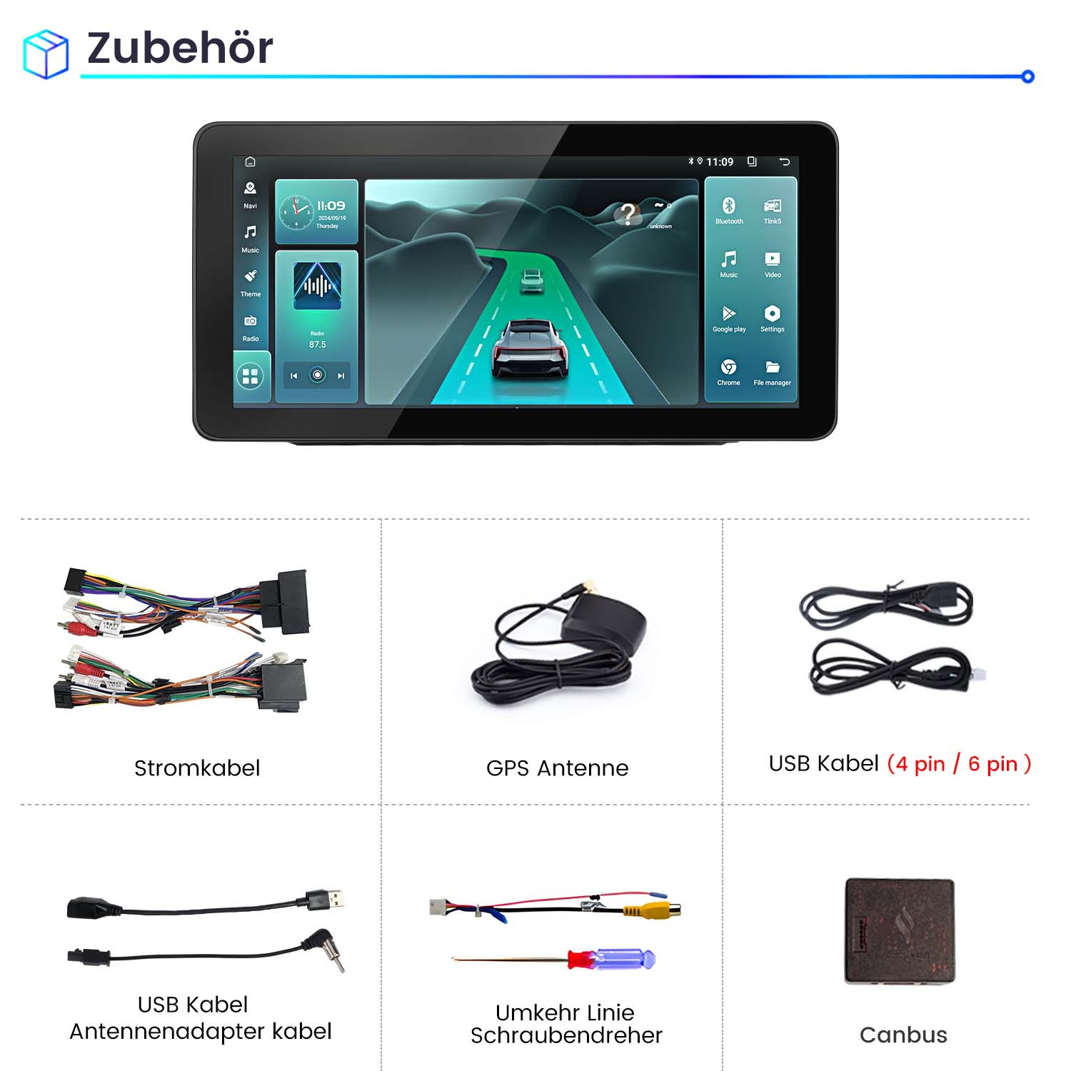 Autoradio mit Navigation, Radio und Apps. Zubehör: Kabel, GPS-Antenne und Canbus.