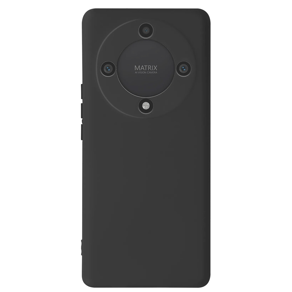 Retro di smartphone nero con modulo fotocamera circolare. Il modulo ha più lenti e la parola 'MATRIX' è visibile.
