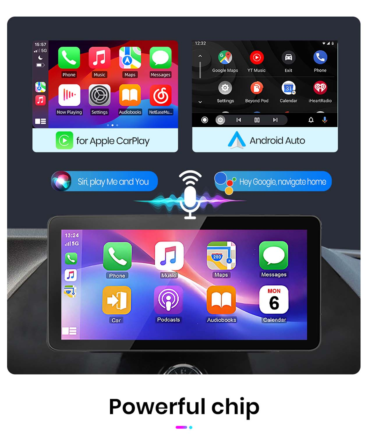 Ekran samochodowy z Apple CarPlay i Android Auto, ikonami aplikacji i podpisem 'Powerful chip'.