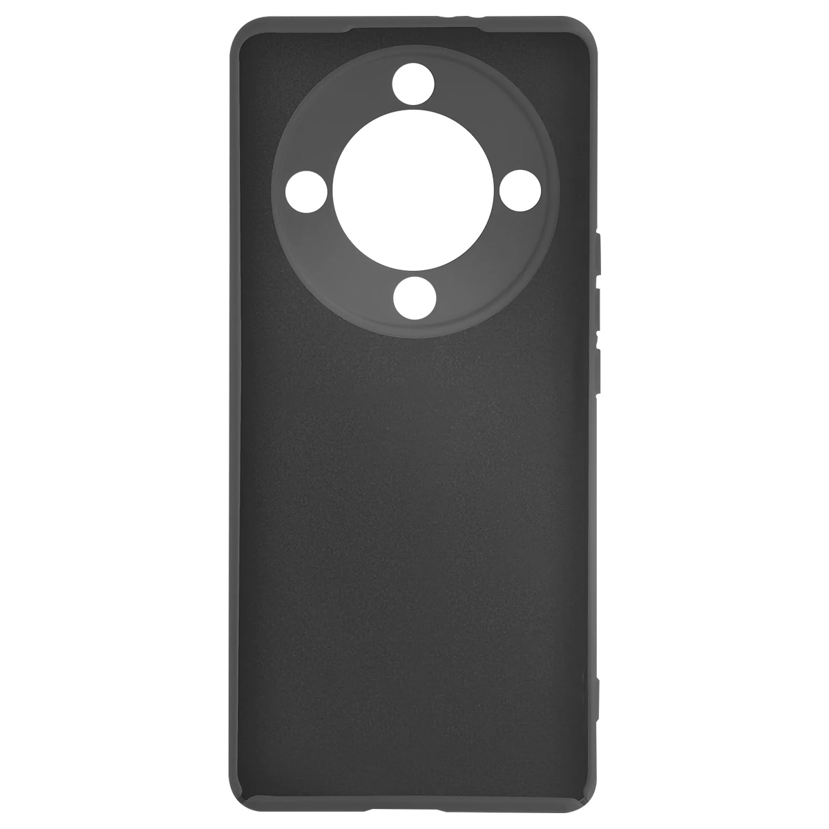 Una custodia per telefono grigio scuro con un ritaglio per la fotocamera. Quattro punti bianchi circondano un cerchio bianco più grande. La custodia è rettangolare.