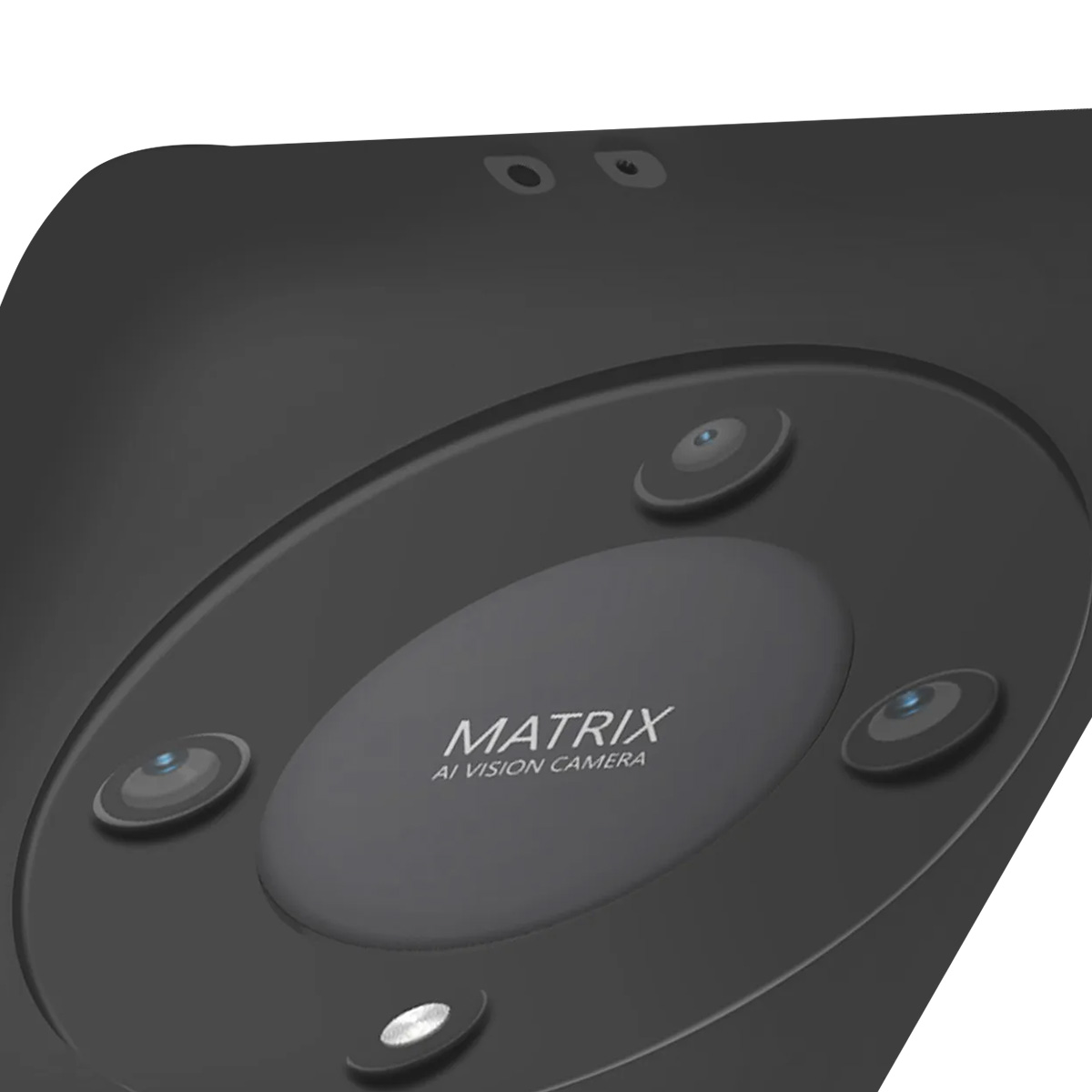 Primo piano di un dispositivo nero con più obiettivi disposti in modo circolare. La parola 'MATRIX' è visibile con 'AI VISION CAMERA'.