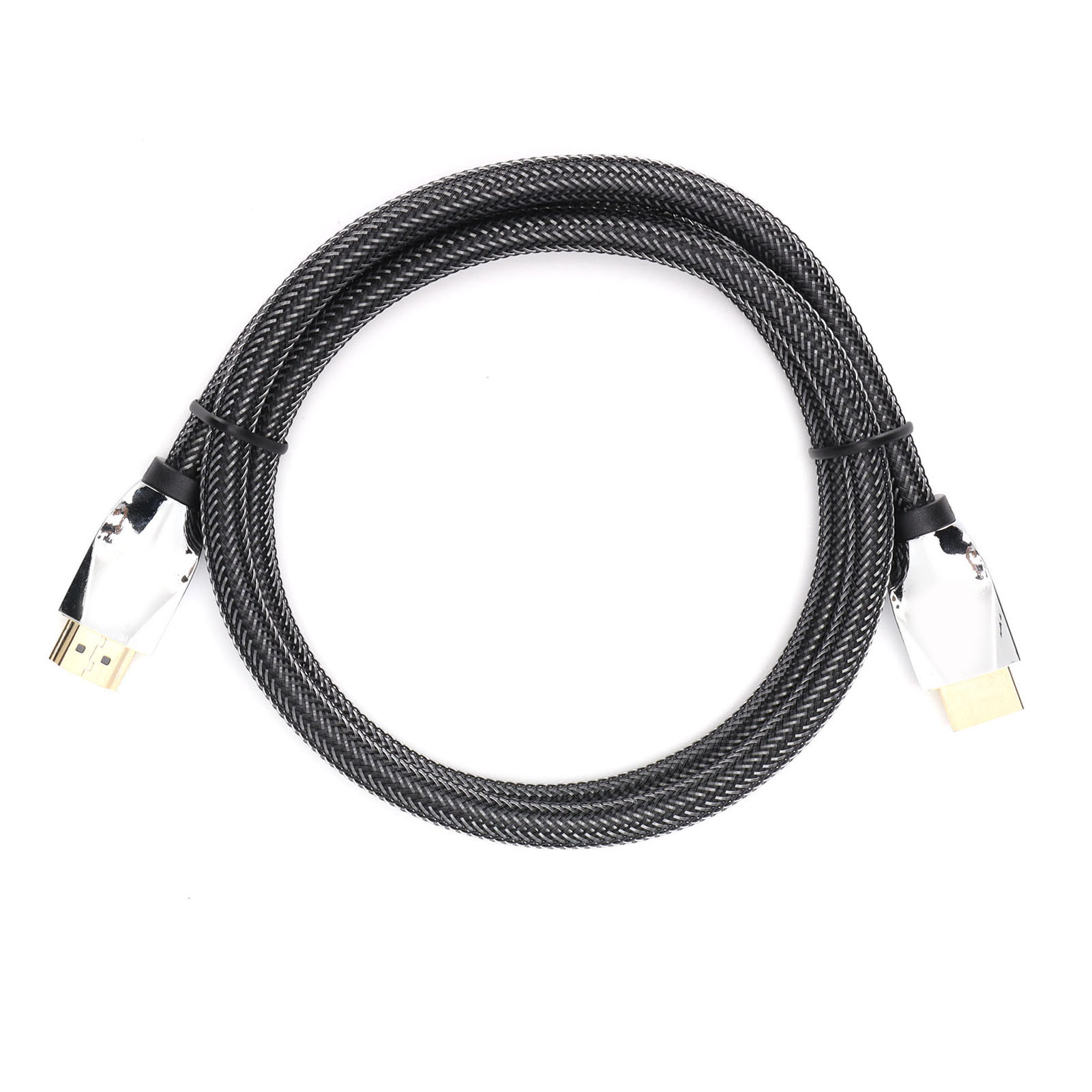 Ein HDMI-Kabel mit silbernen Steckern und einem geflochtenen grauen Kabel. Es ist auf weißem Hintergrund gewickelt.