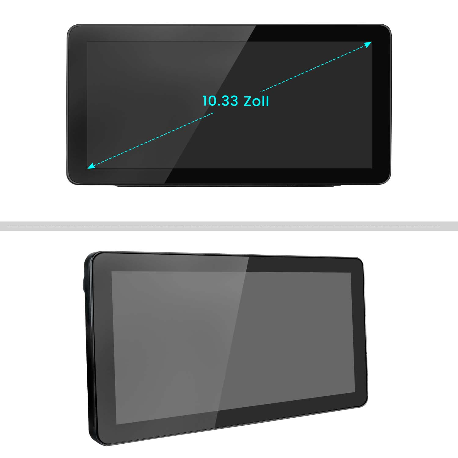 Dwa czarne tablety. Górny wyświetla '10.33 Zoll' i linię przekątną. Dolny pokazuje widok z boku tabletu.