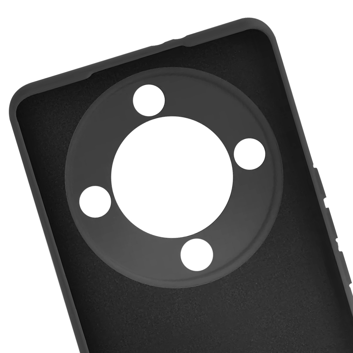 Custodia nera per telefono con intaglio per fotocamera. La custodia ha quattro cerchi bianchi attorno a un cerchio centrale grande.