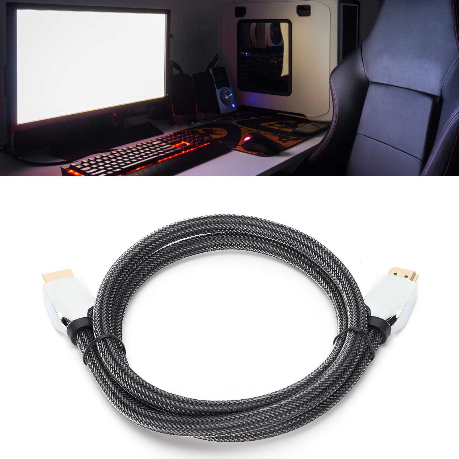 Ein Computer-Setup mit Monitor, Tastatur, Maus und PC. Ein HDMI-Kabel ist im Vordergrund aufgerollt.