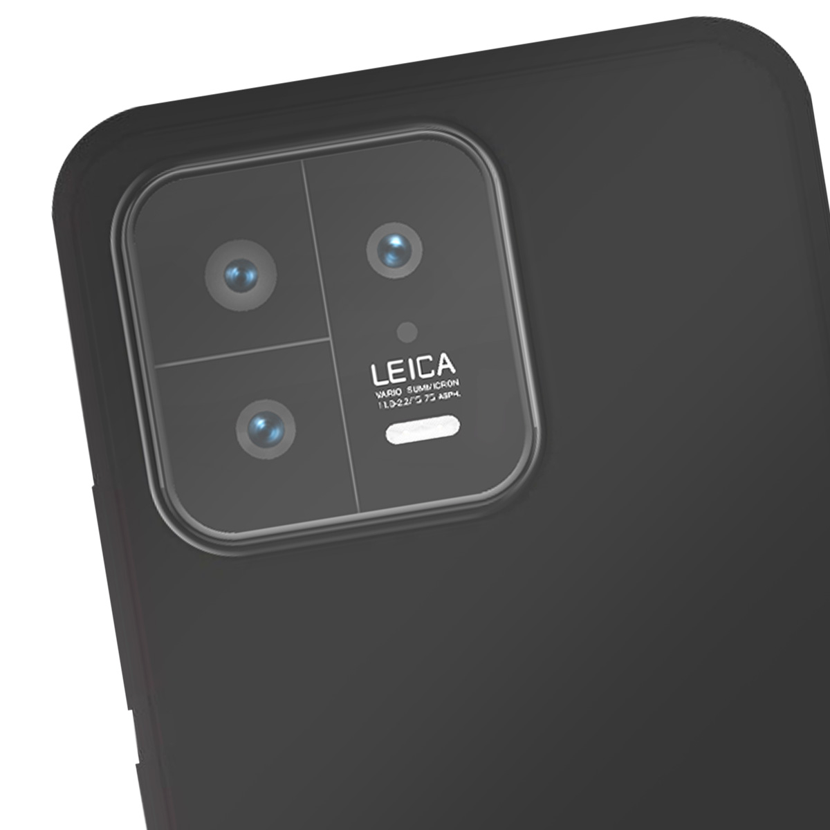 Primo piano di uno smartphone nero. È visibile il modulo fotocamera con marchio Leica, con quattro lenti e una barra bianca.