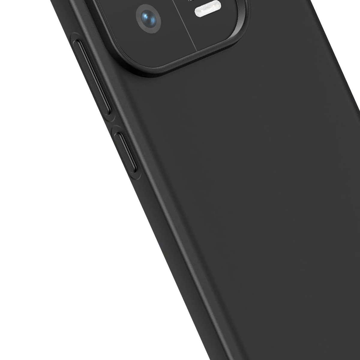 Primo piano di uno smartphone nero con lenti della fotocamera visibili. Pulsanti laterali a sinistra. Sfondo bianco.