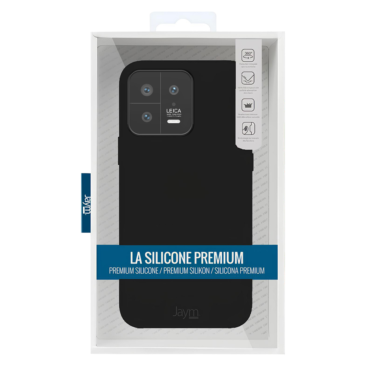 Custodia per telefono nera nella confezione. La custodia ha un design della fotocamera Leica. Il testo recita "La Silicone Premium".