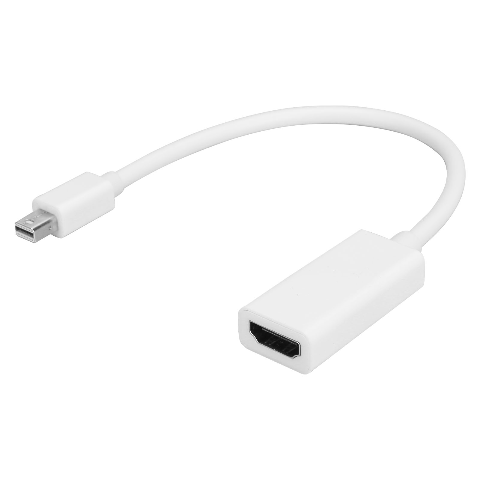 Ein weißes Mini-DisplayPort-zu-HDMI-Adapterkabel. Das Kabel hat zwei Anschlüsse, einen Mini-DisplayPort und einen HDMI.