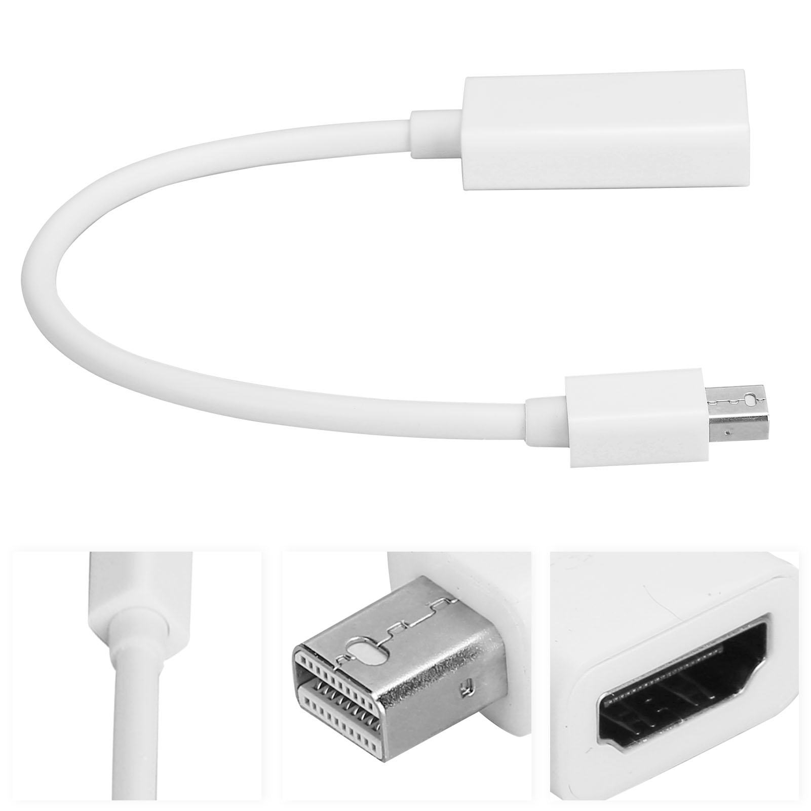 Weißes Adapterkabel mit drei Anschlüssen, einem HDMI-, einem Mini-USB- und einem gebogenen Verbindungskabel. Die Anschlüsse sind detailliert.