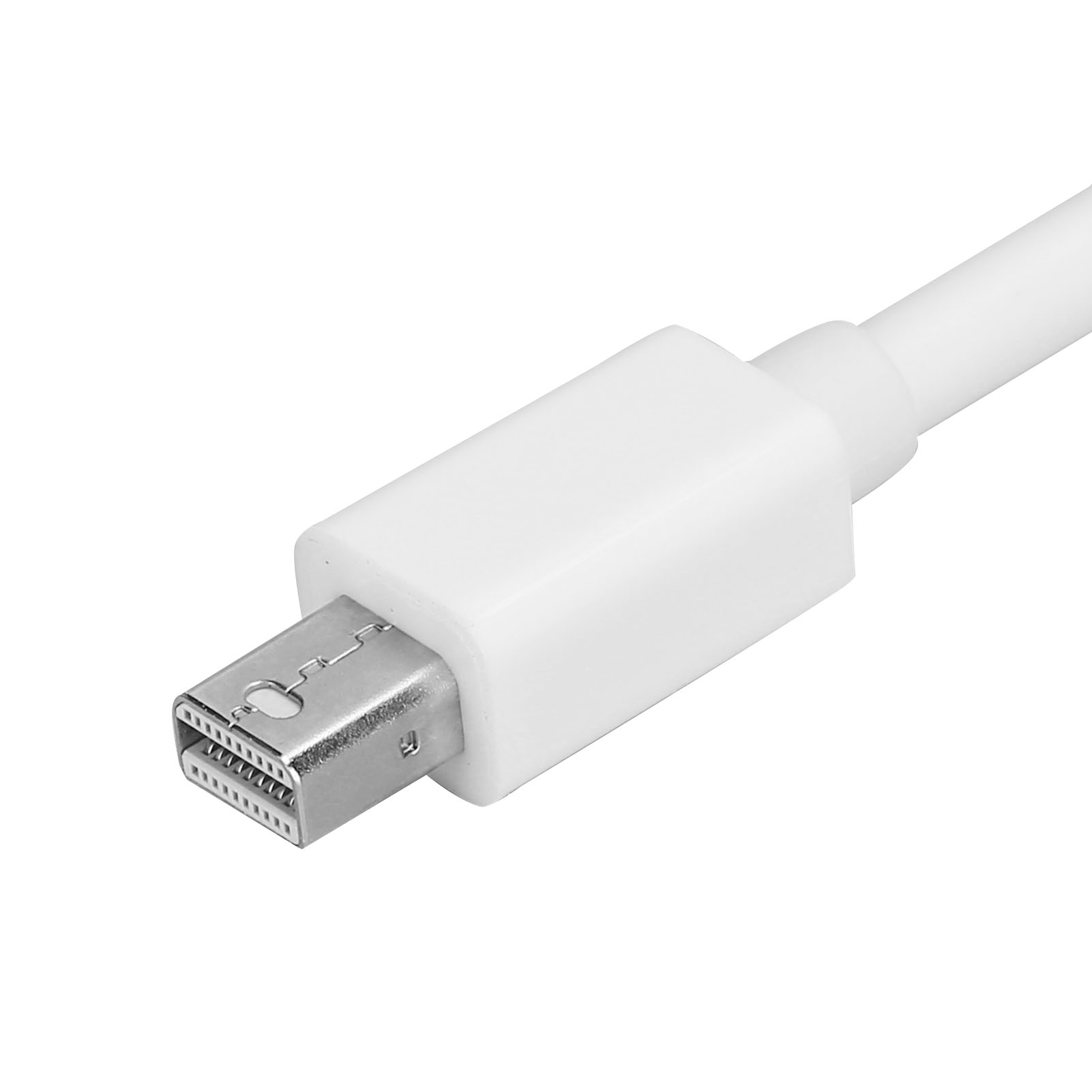Ein weißes DisplayPort-Kabel mit silbernem Stecker auf weißem Hintergrund. Das Bild ist eine Nahaufnahme.