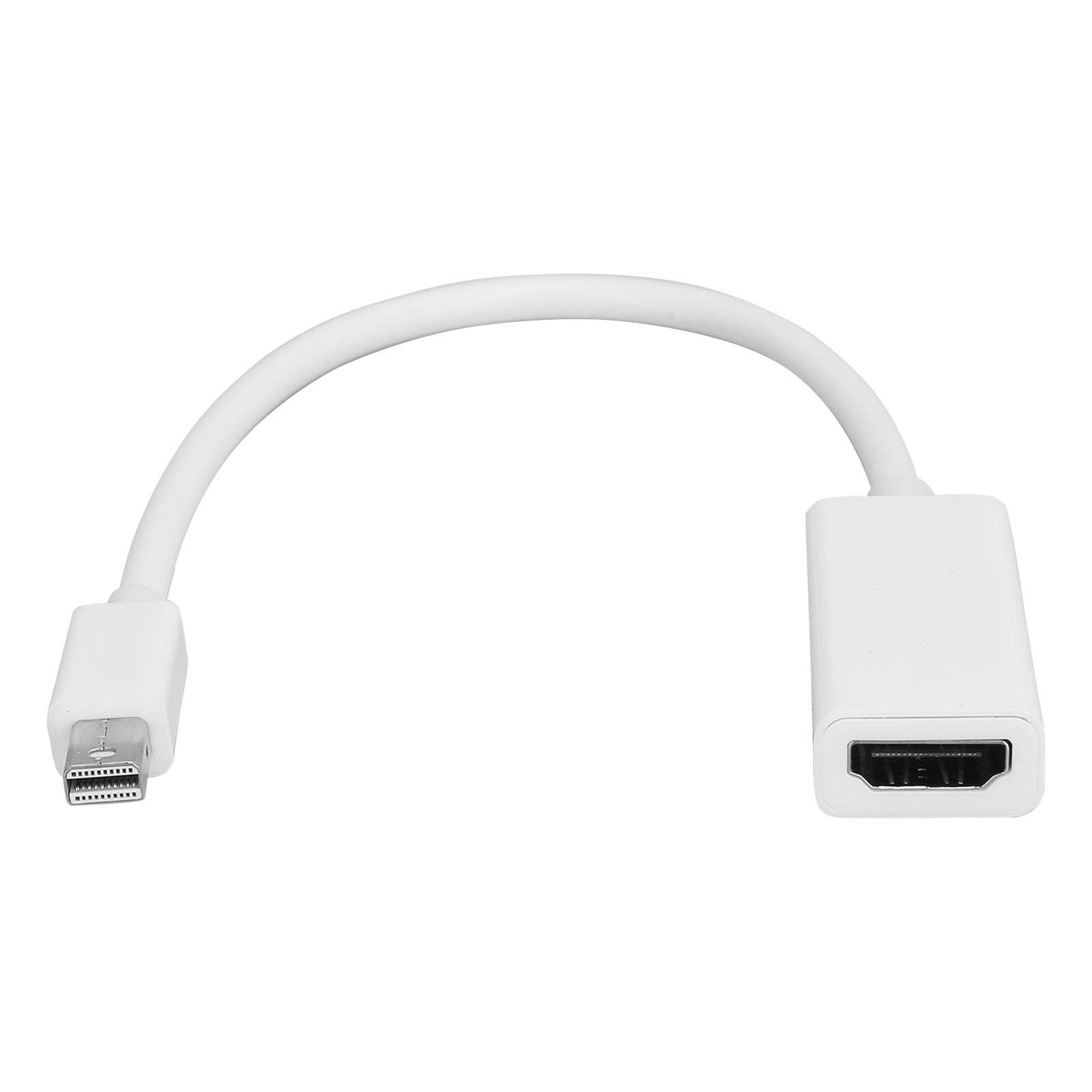 Ein weißes HDMI-zu-Mini-DisplayPort-Kabel. Es hat ein weißes Kabel, das zwei weiße Anschlüsse verbindet. Der Hintergrund ist weiß.