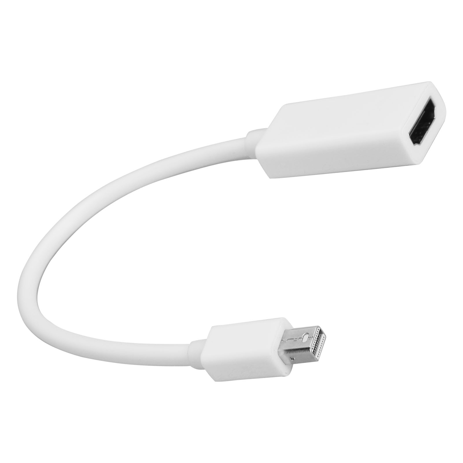 Weißes Mini-DisplayPort-zu-HDMI-Adapterkabel. Ein Ende ist HDMI, das andere ist Mini-DisplayPort. Isoliert auf Weiß.