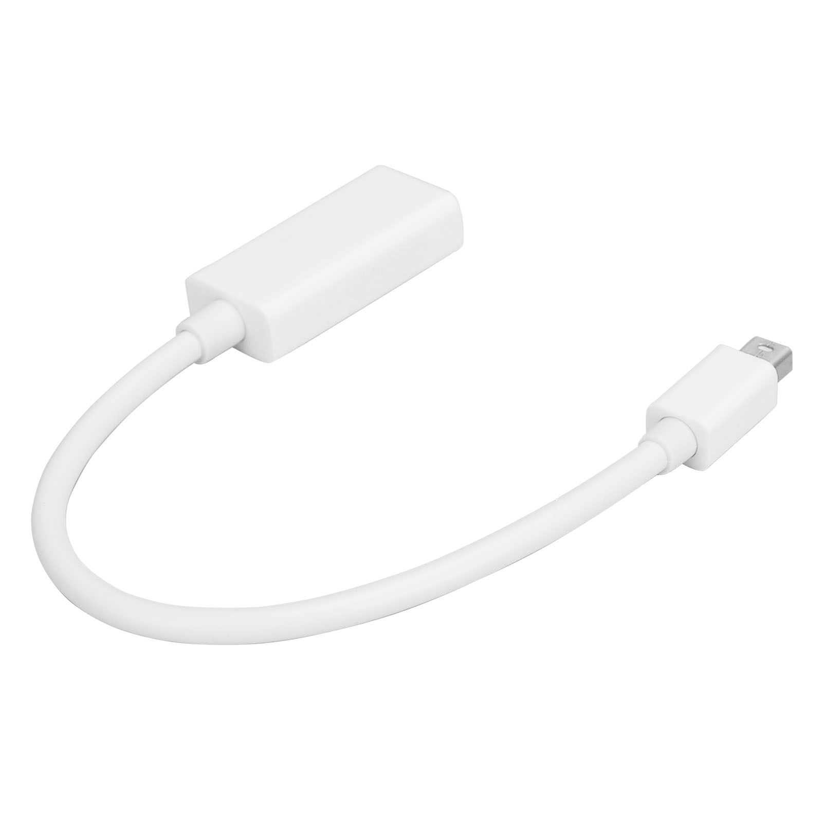 Ein weißes Adapterkabel. Ein Ende ist ein rechteckiger Block, das andere hat einen kleinen Stecker. Das Kabel ist gebogen.
