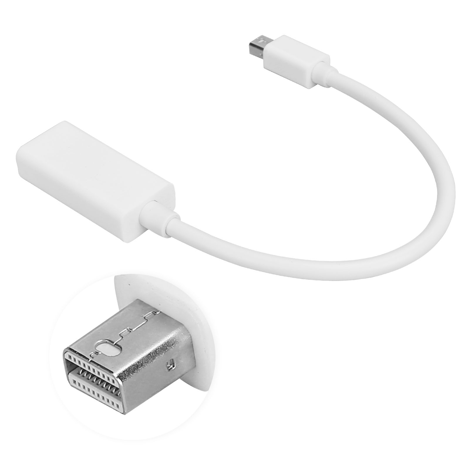 Weißes Adapterkabel mit Steckern an jedem Ende. Ein Ende ist rechteckig, das andere quadratisch. Eine Nahaufnahme wird gezeigt.