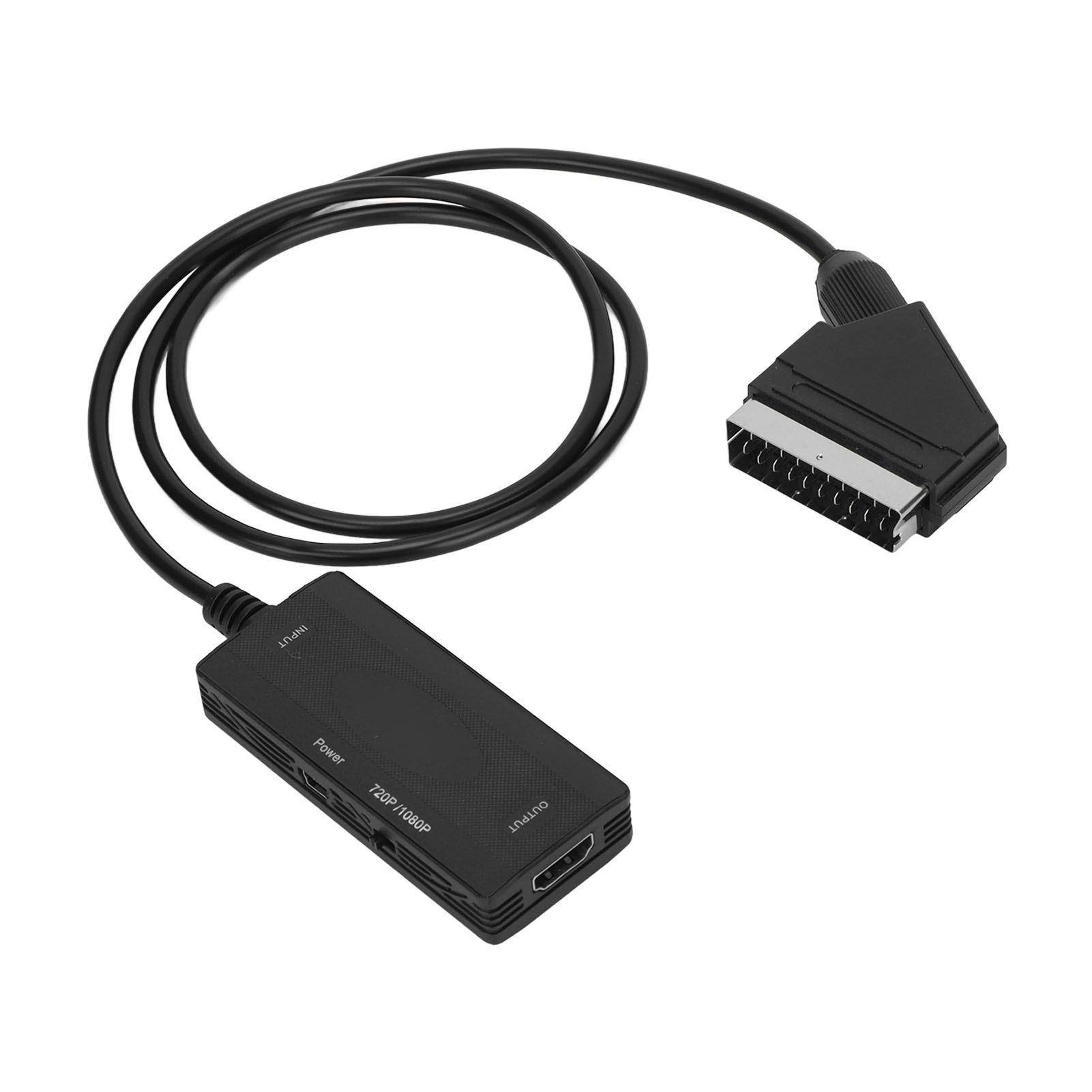 Ein schwarzes SCART-zu-HDMI-Adapterkabel liegt auf einer weißen Oberfläche. Es hat einen SCART-Anschluss, eine Konverterbox und einen HDMI-Ausgang.