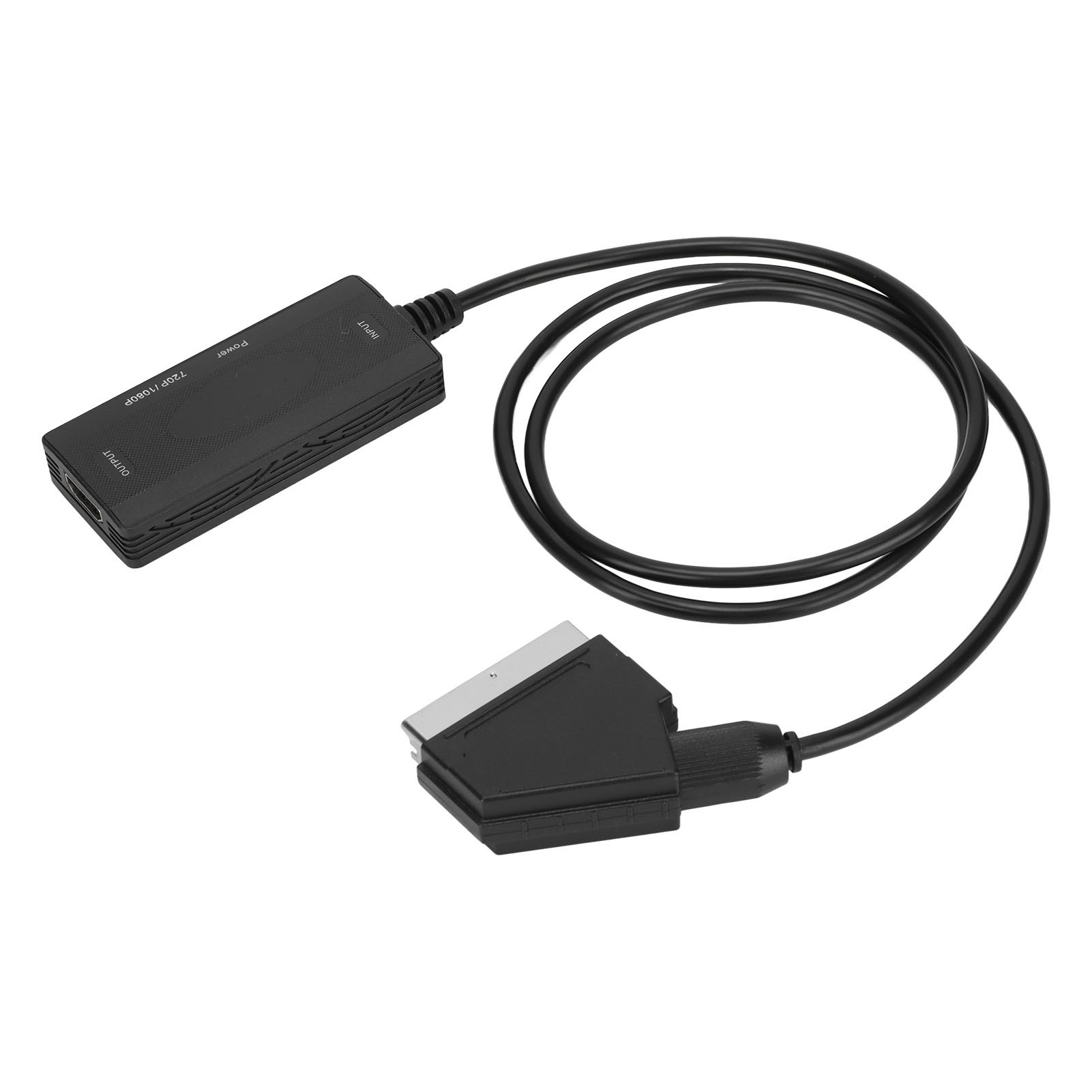 Schwarzer SCART-zu-HDMI-Konverter mit angeschlossenen Kabeln. Das Gerät hat Eingangs-, Strom- und Ausgangsanschlüsse. Weißer Hintergrund.