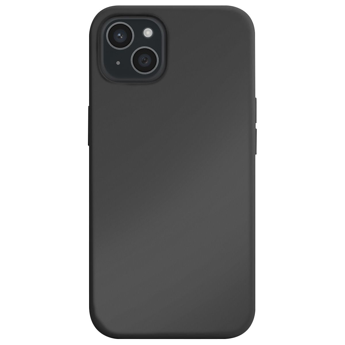 Viene mostrato uno smartphone nero con una custodia protettiva. Le lenti della fotocamera sono visibili in alto. Lo sfondo è bianco.